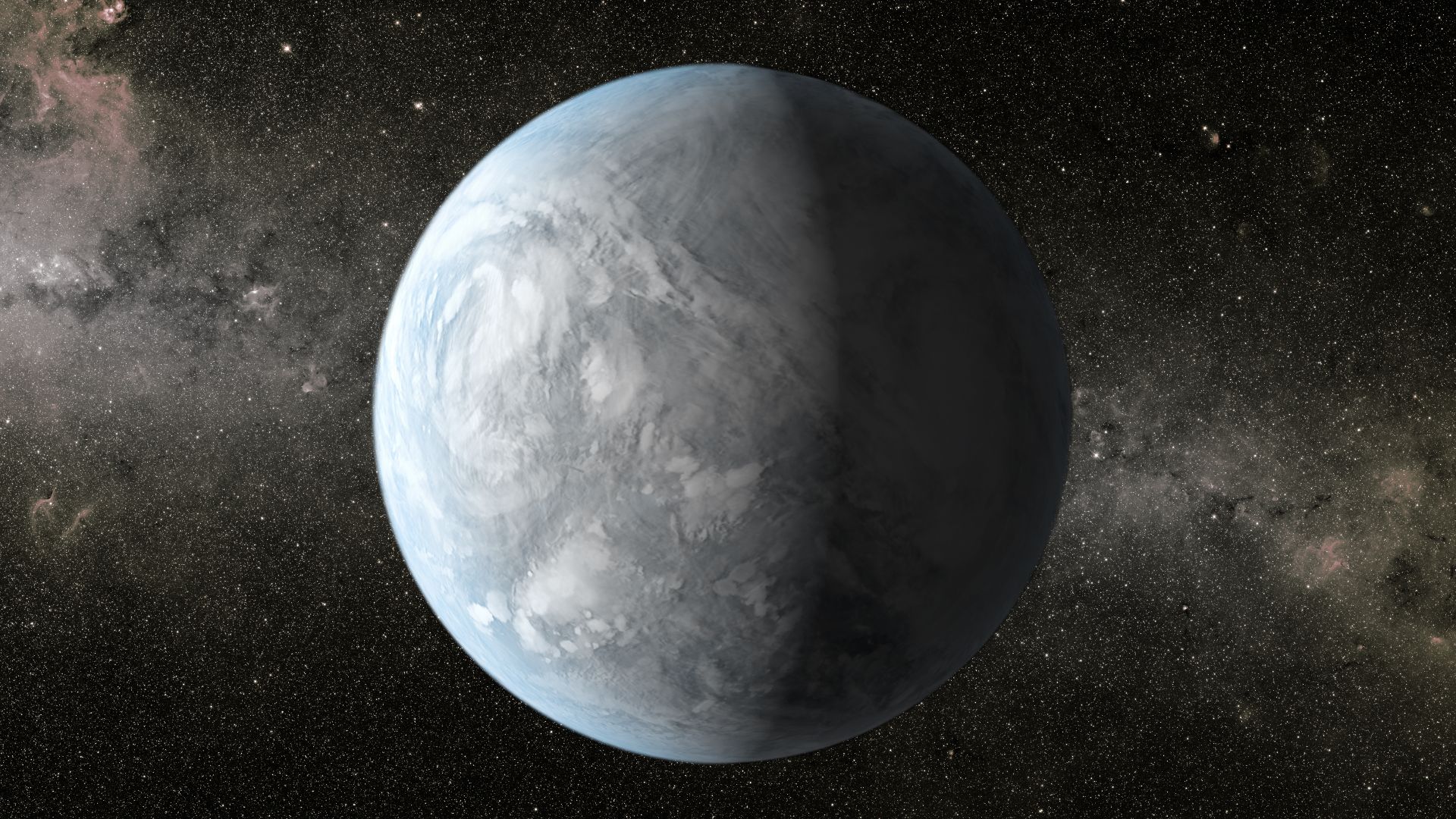 This artist's concept depicts Kepler-62e, a super-Earth-size planet in the habitable zone of a star smaller and cooler than the sun, located about 1,200 light-years from Earth.