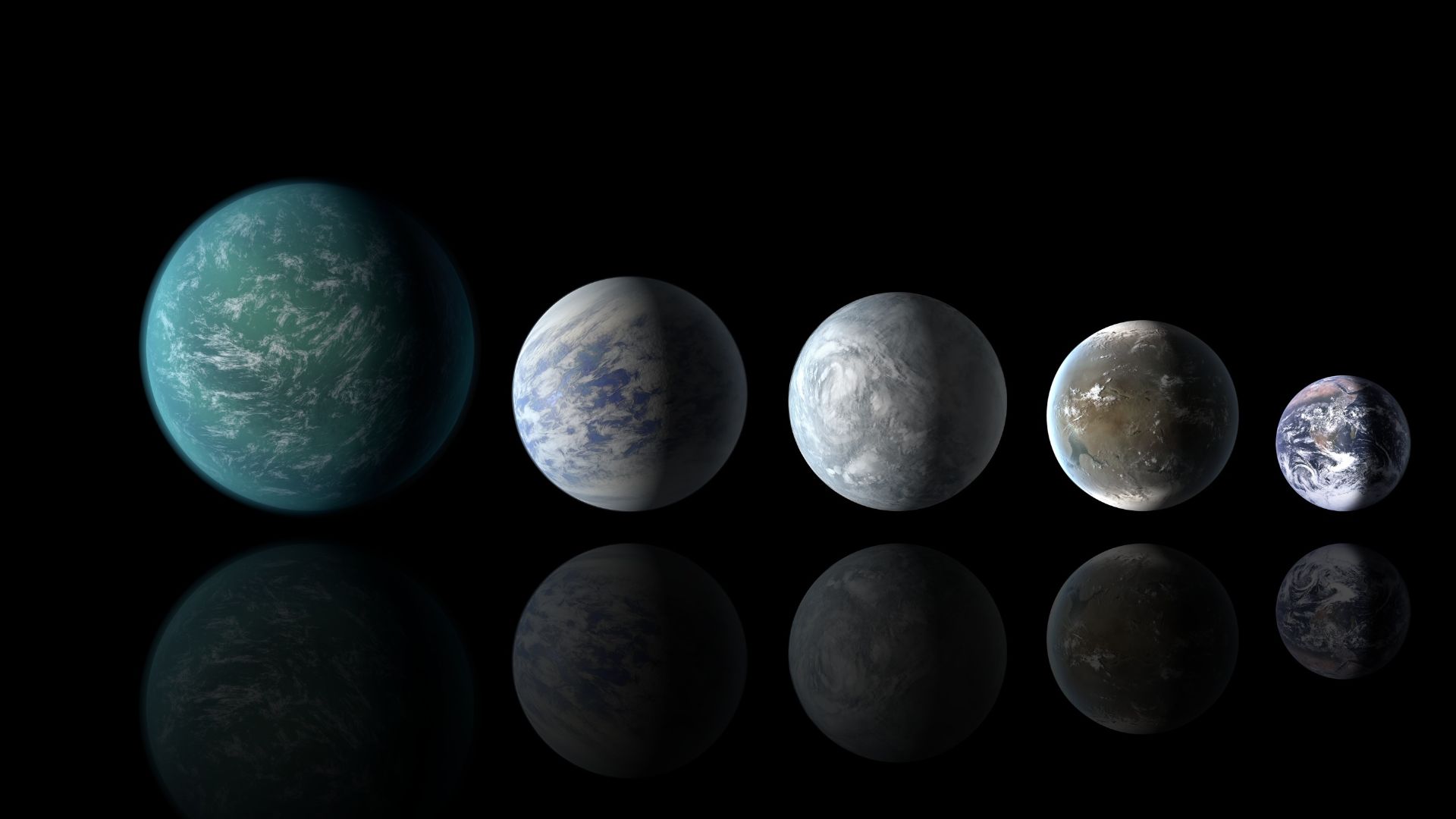 Relative sizes of all of the habitable-zone planets discovered to date alongside Earth. Left to right: Kepler-22b, Kepler-69c, Kepler-62e, Kepler-62f and Earth (except for Earth, these are artists' renditions).