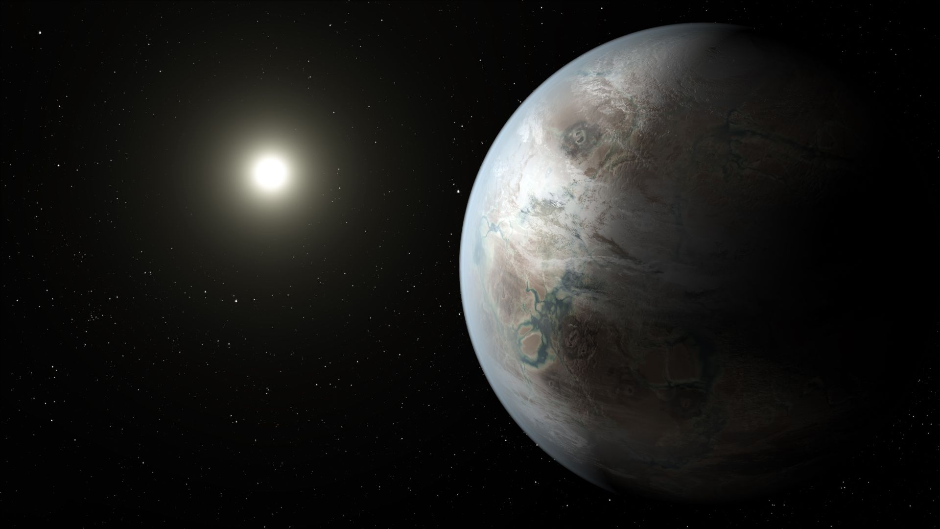 An artist's concept depicting one possible appearance of the planet Kepler-452b, the first near-Earth-size world to be found in the habitable zone of a star that is similar to our sun.