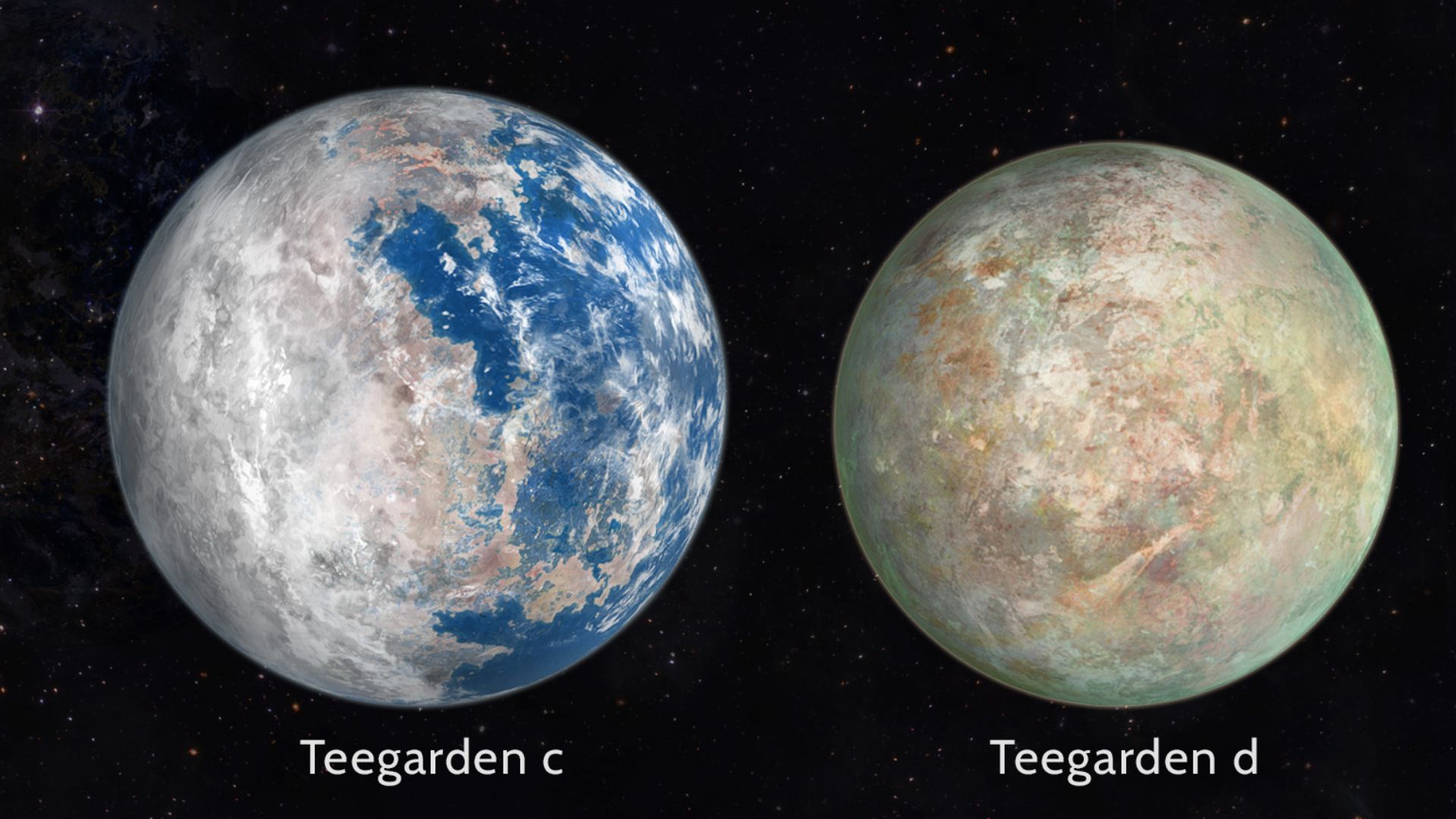 Size comparison of the three confirmed planets of Teegarden's star (artistic concept) with Earth, calculated assuming earth-like composition