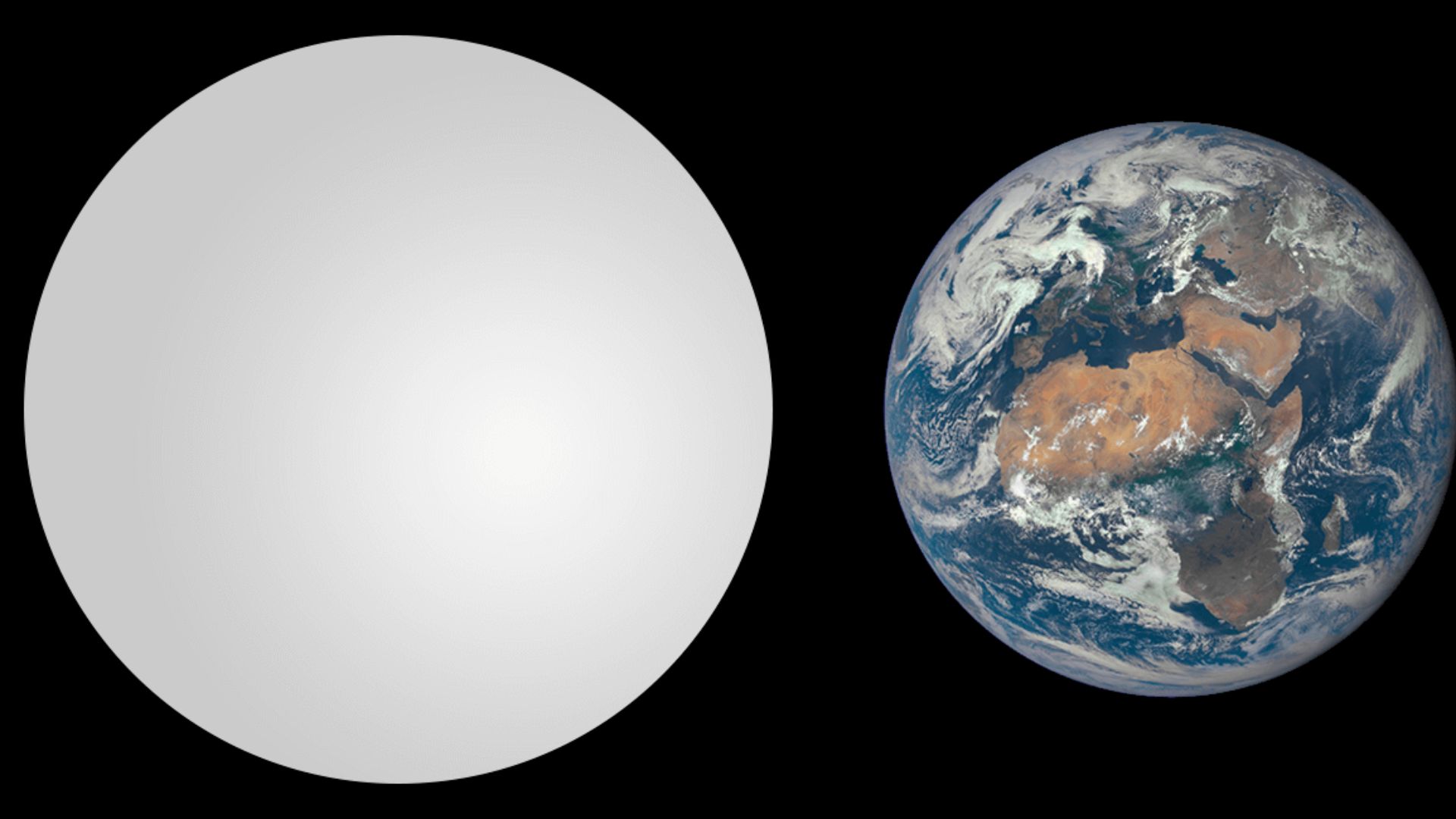 Size comparison of K2-72 e (white sphere) with Earth, based on current data.