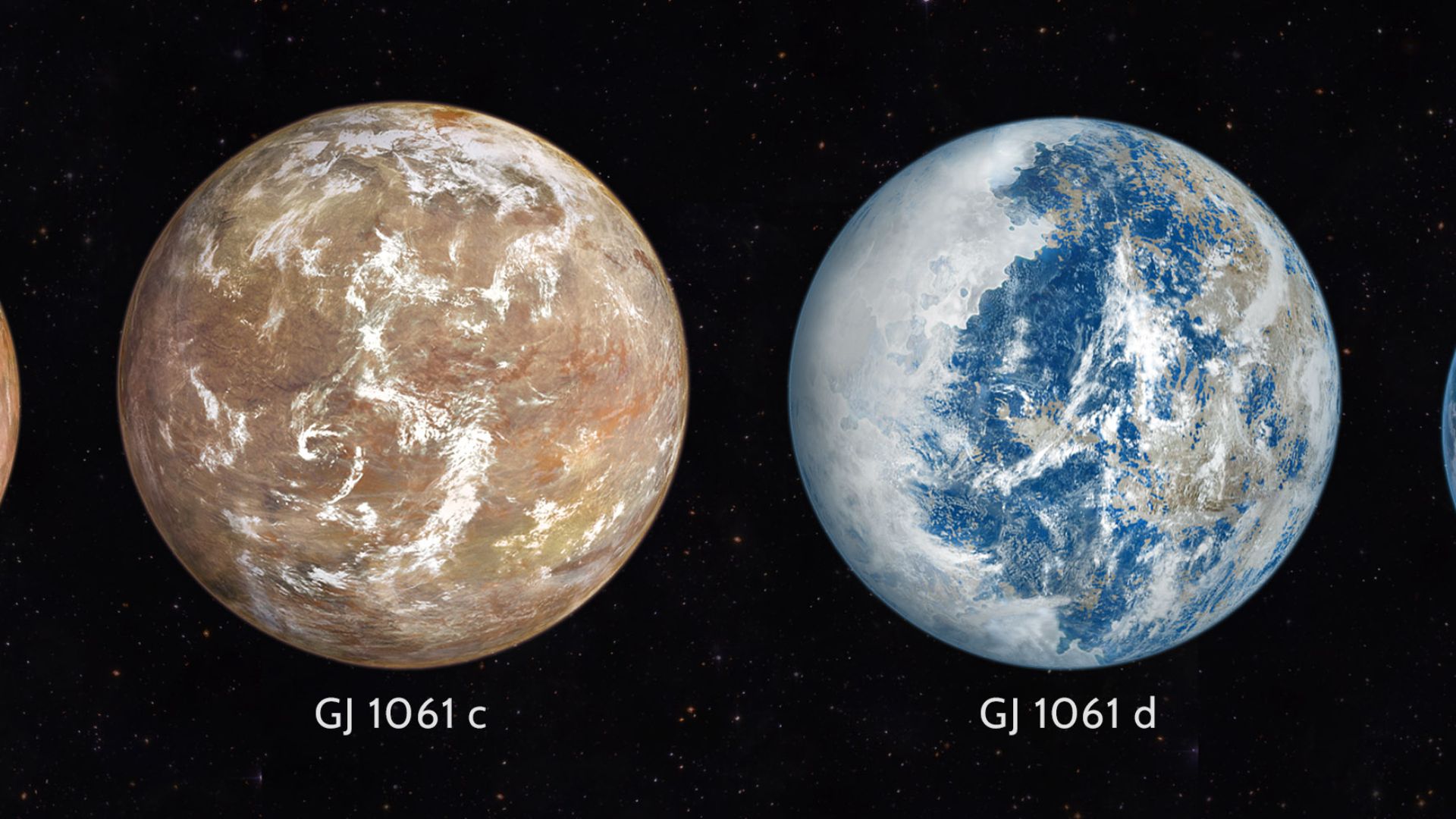 This artist's conception shows a potential appearance of the three known planets orbiting a red dwarf star GJ 1061 comparing their estimated size to that of Earth, assuming earth-like rocky composition.
Planet GJ 1061d orbit within the conservative habita