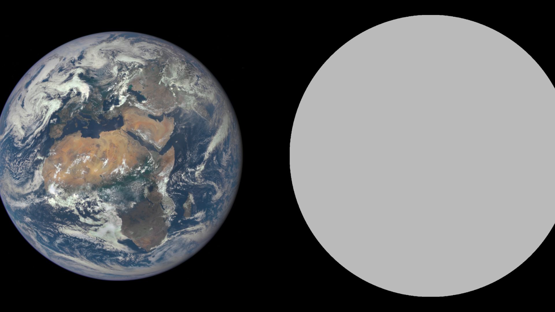Size comparison of Earth and TRAPPIST-1 g. The exoplanet is depicted with a radius of 1.129 Earth radii (Agol et al. 2021).
Public-domain Earth image from File:Africa and Europe from a Million Miles Away.png.