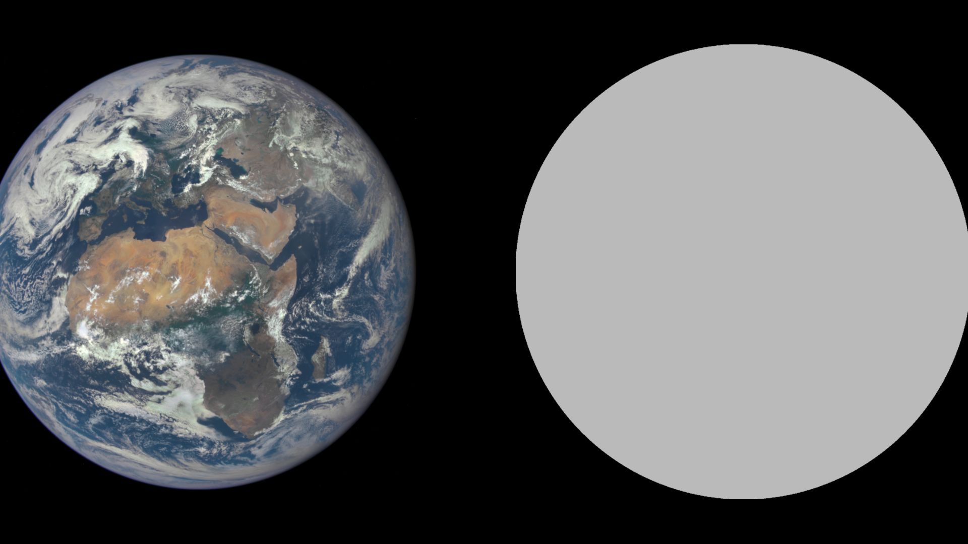 Size comparison of Earth and TRAPPIST-1 f. The exoplanet is depicted with a radius of 1.045 Earth radii (Agol et al. 2021).
Public-domain Earth image from File:Africa and Europe from a Million Miles Away.png.