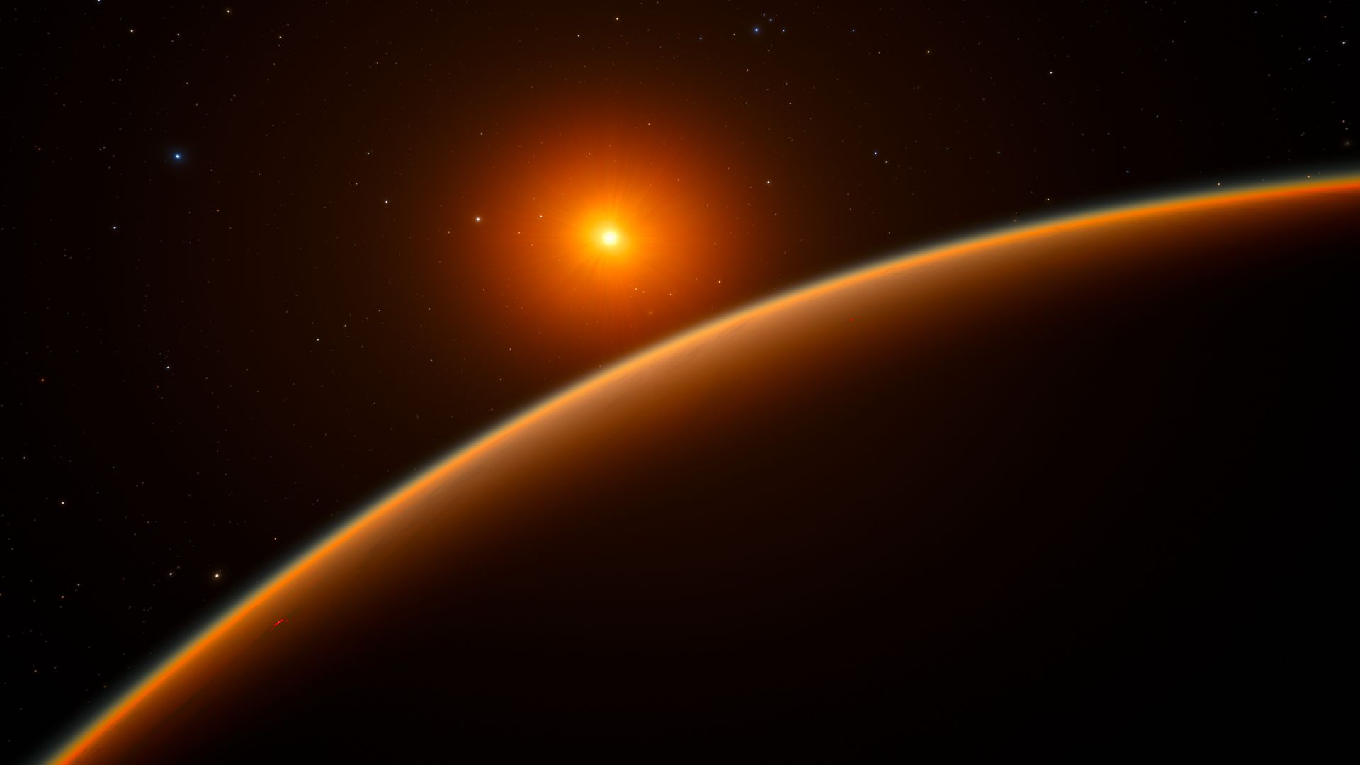 This artist’s impression shows the exoplanet LHS 1140b, which orbits a red dwarf star 40 light-years from Earth and may be the new holder of the title “best place to look for signs of life beyond the Solar System”. Using ESO’s HARPS instrument at La Silla