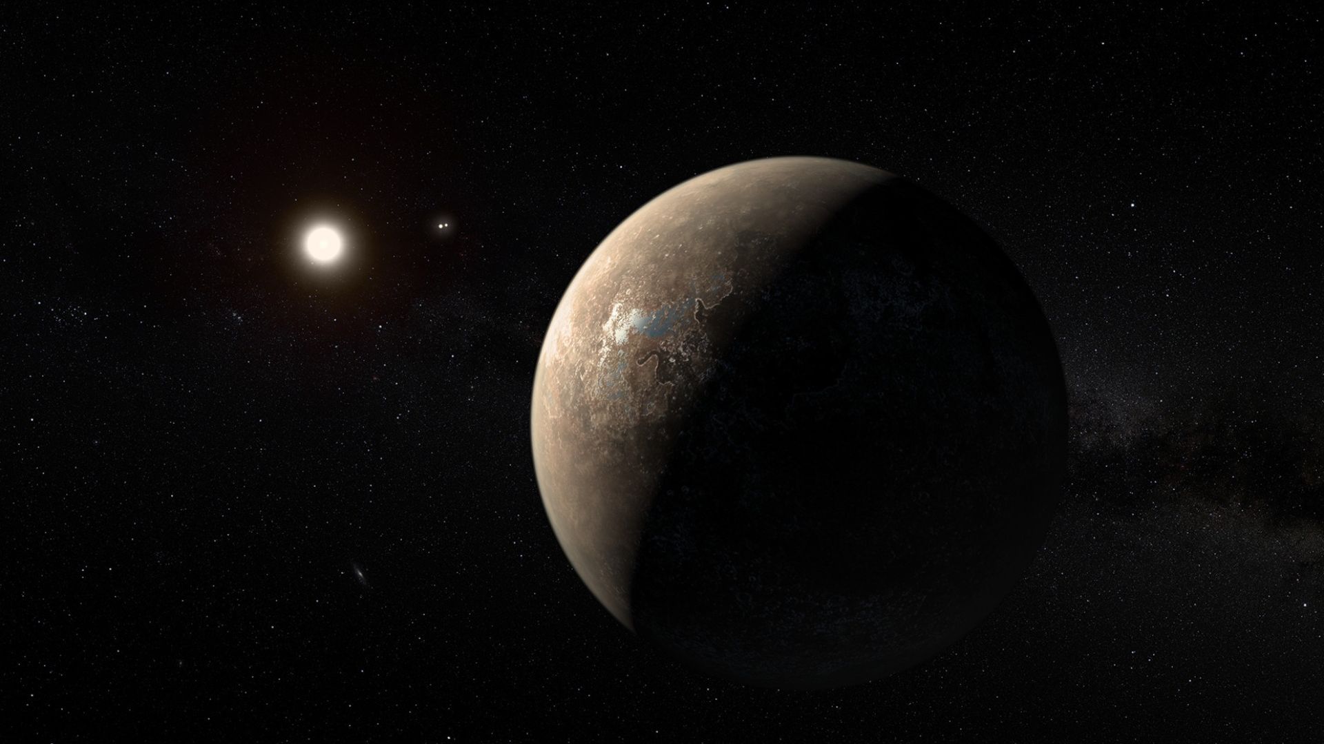 Artist's impression of the exoplanet Proxima Centauri b shown as of a arid (but not completely water-free) rocky Super-Earth. This appearance is one of several possible outcomes of current theories regarding the development of this exoplanet, while the ac