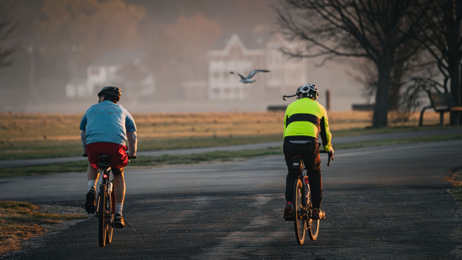 Two cyclists ride on a scenic path at sunrise, enjoying the peaceful morning atmosphere.