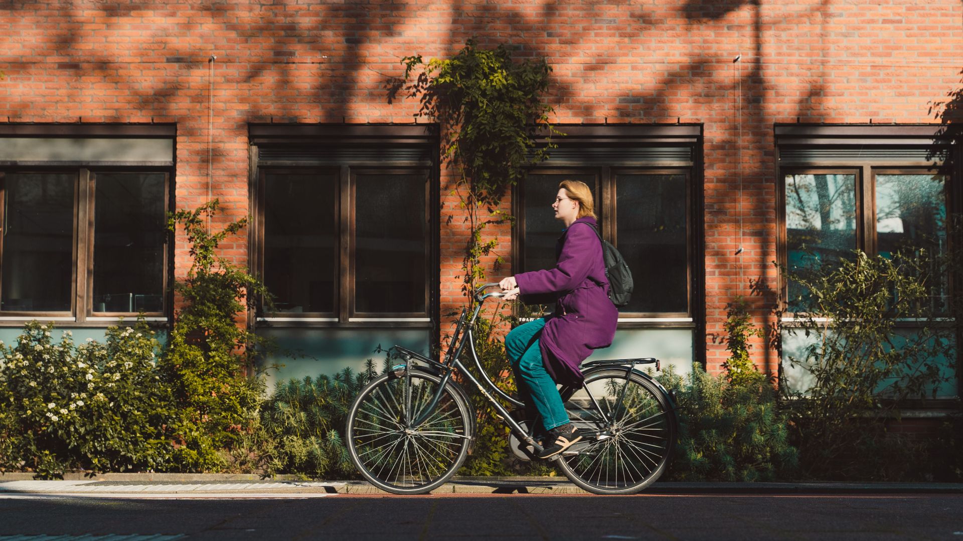 A woman in a purple coat rides a bicycle through Amsterdam's scenic streets on a sunny day.