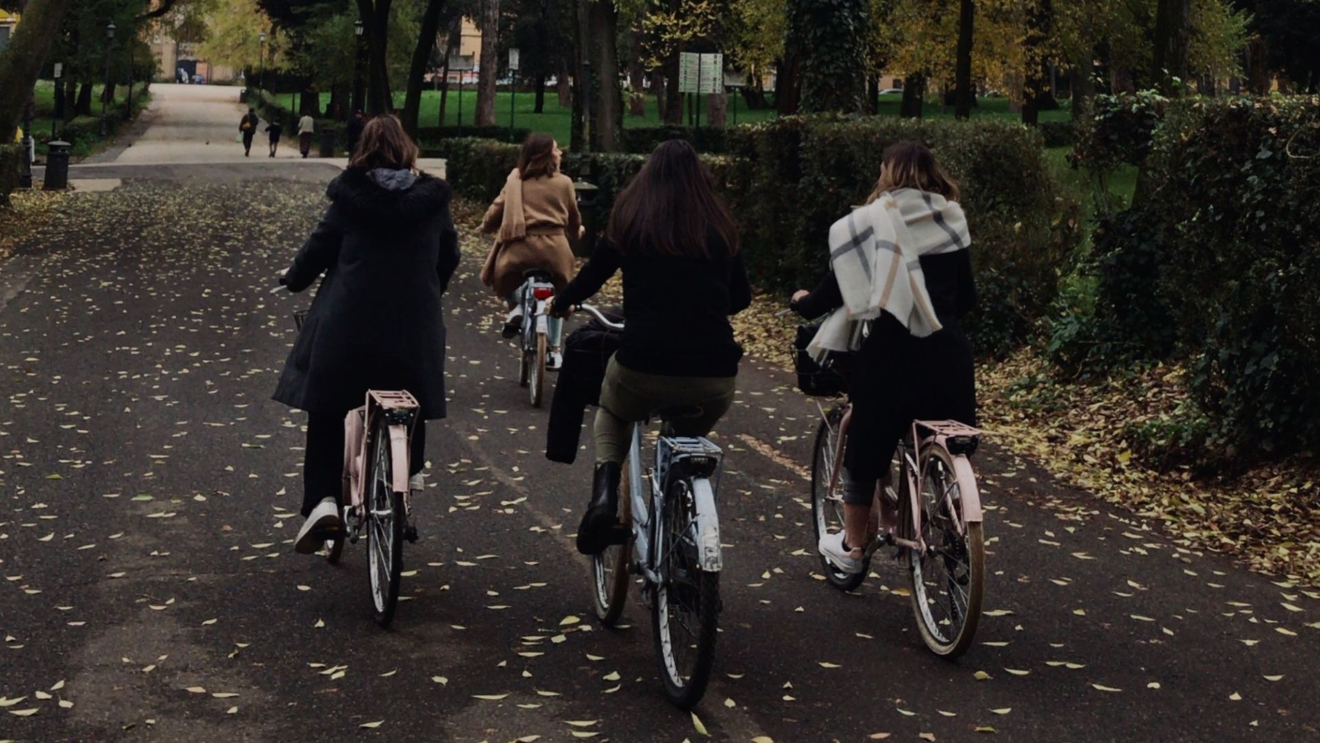 A group of people cycling through a tree-lined path in autumn, Rome, Italy.