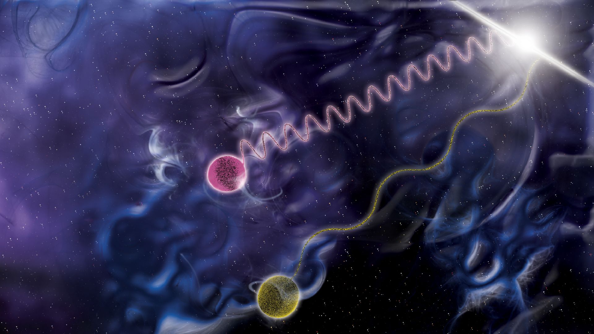 In this illustration, one photon (violet) carries a million times the energy of another (yellow). Some theorists predict travel delays for higher-energy photons, which interact more strongly with the proposed frothy nature of space-time. Yet Fermi data on