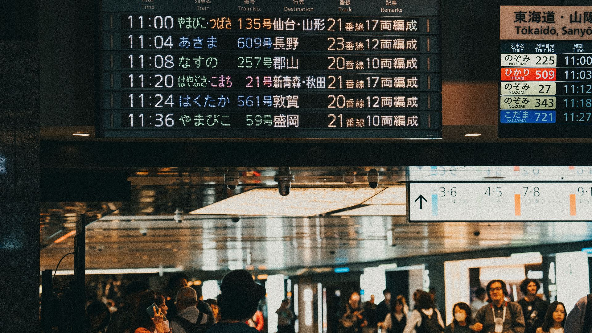 Busy train station in Japan with a digital departure board showing schedules.