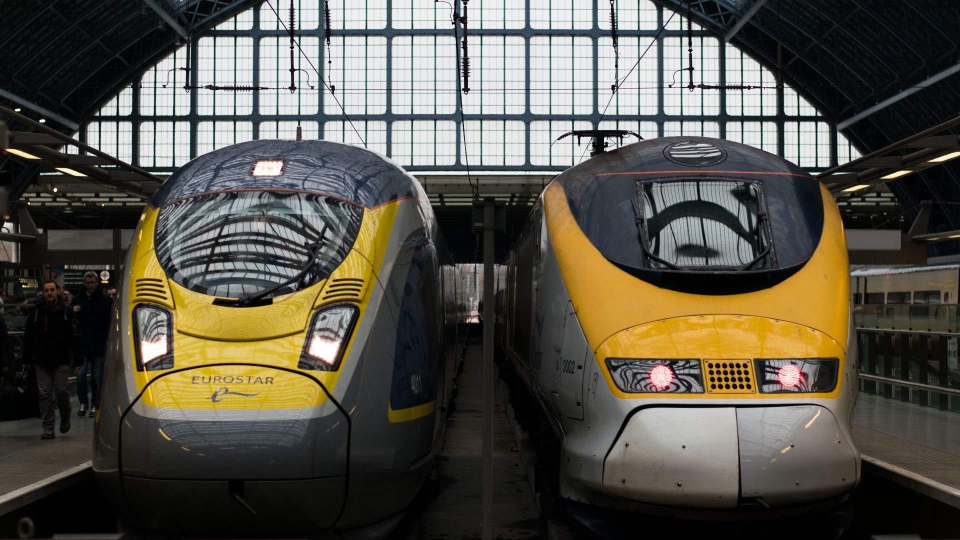 Two Eurostar trains in St Pancras railway station (London, United Kingdom).