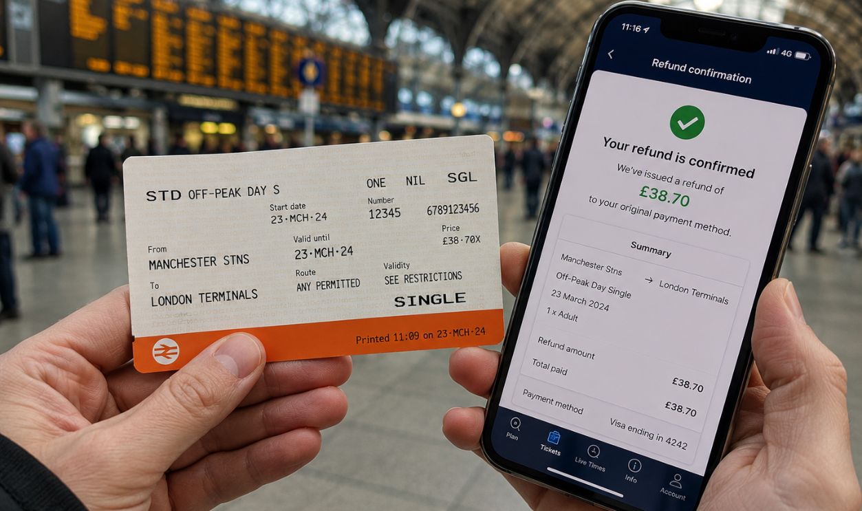 Train station refund confirmation in hand