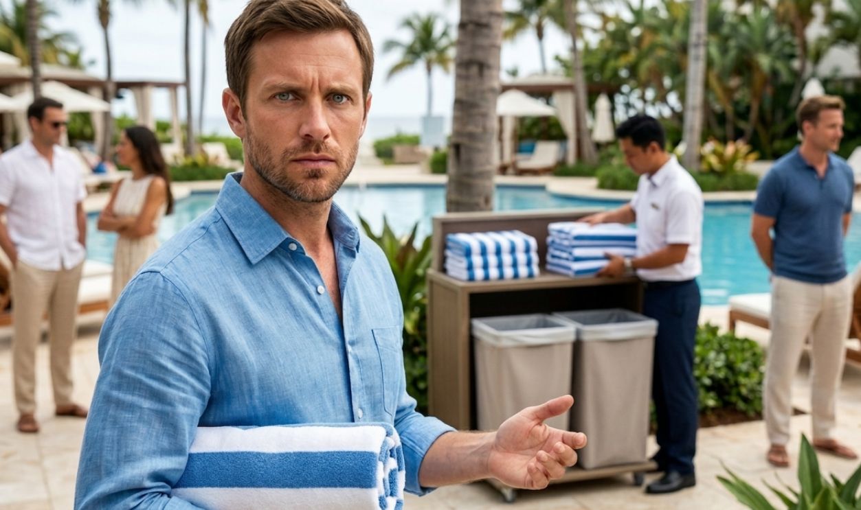 confused man with pool towel, in a hotel