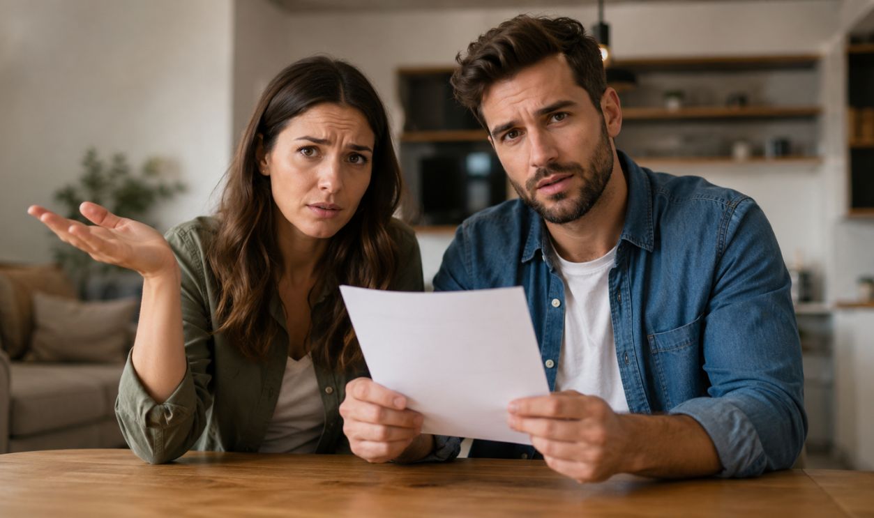 Puzzled couple in modern apartment