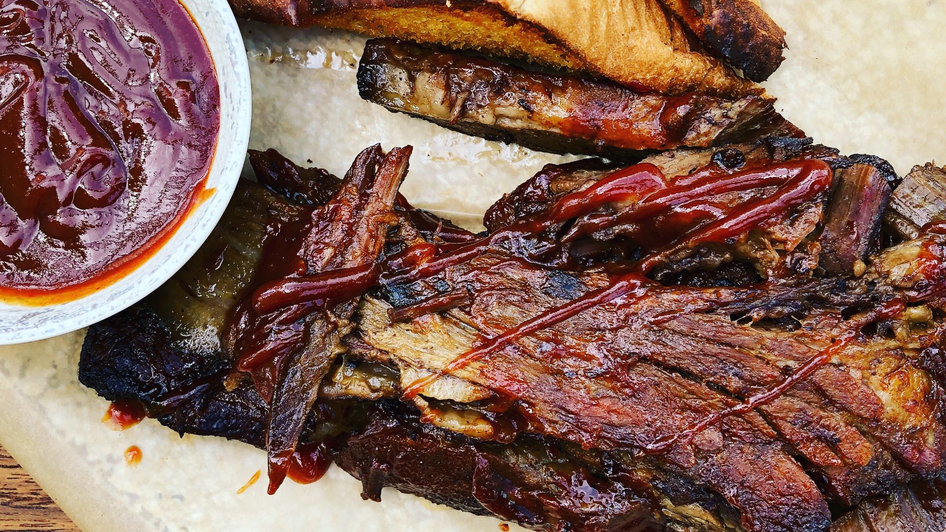 Brisket with Texas Toast, barbecue sauce and slaw at Grove in Napa, California