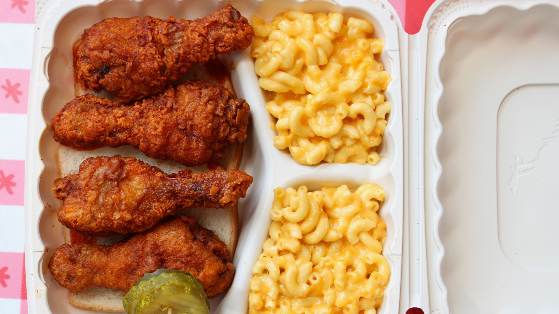 Nashville-style hot chicken with a double serving of Ma's Mac and cheese. Hot Chicken Takeover drumsticks served in the infamous Hot heat-level spice.