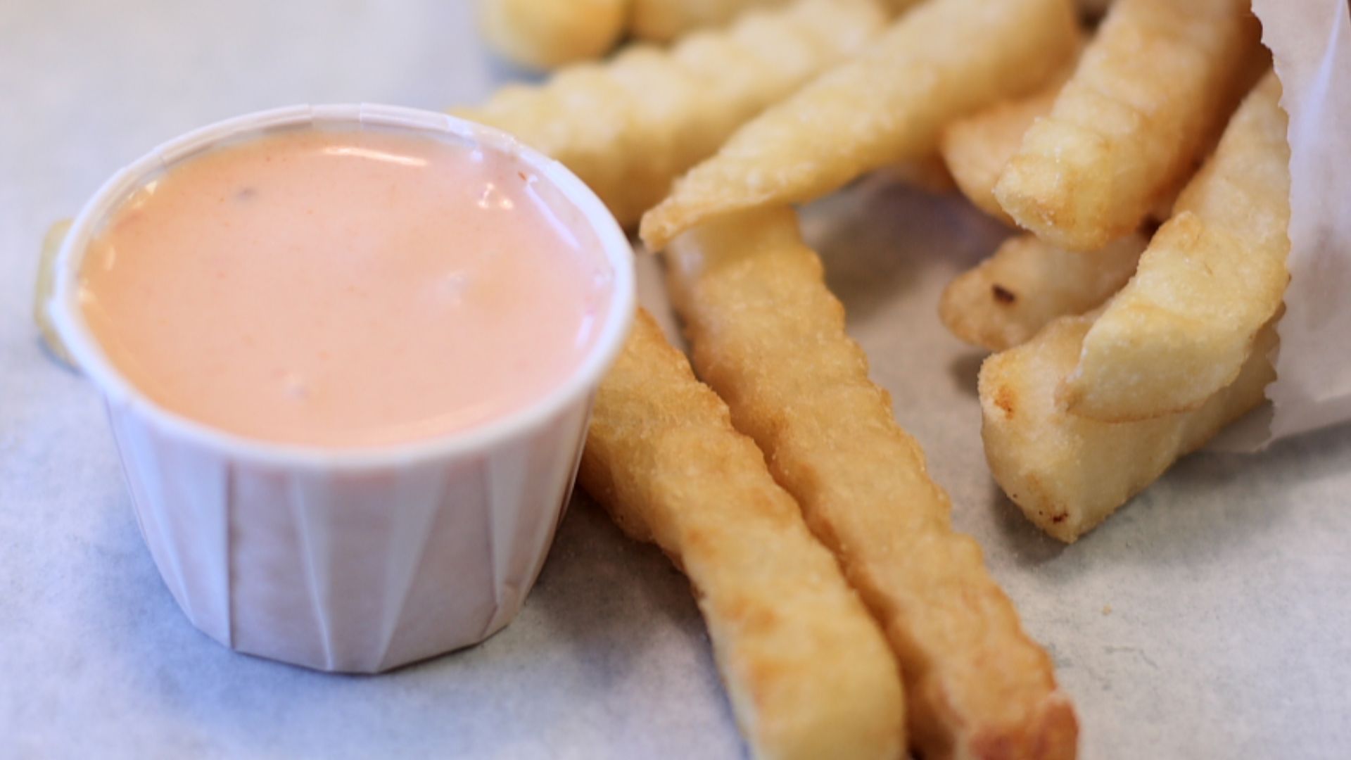 A typical container of fry sauce from a chain of hamburger restaurants in Salt Lake City, Utah.