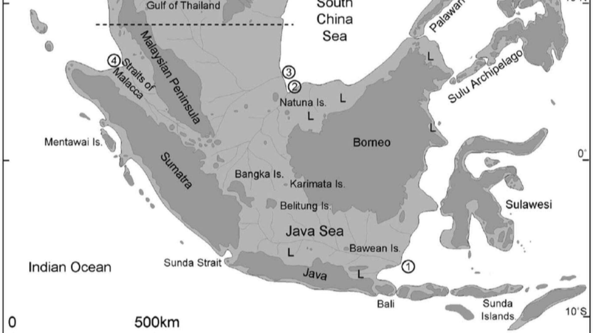 Map of Sundaland at the height of the last ice age. The light gray areas indicate the areas that were exposed and the dark gray areas depict the map today. Potential lakes are marked with the letter L, and the numbers refer to existing rivers.