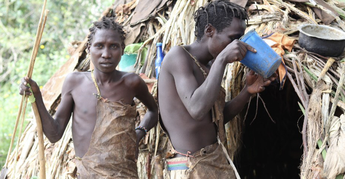 Hadza men drinking water