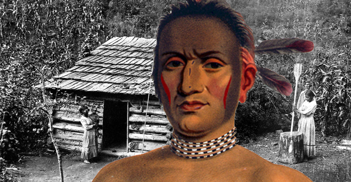 Se-Quo-Yahon on a photo of a Cherokee hut