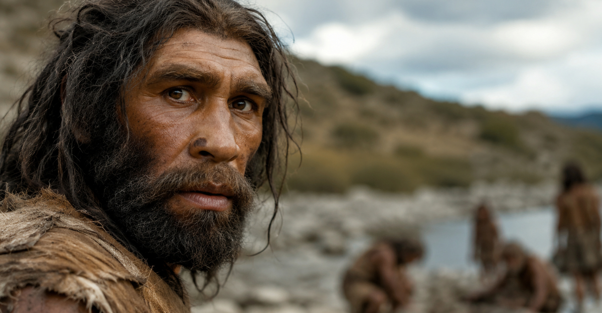 Early human looking at camera