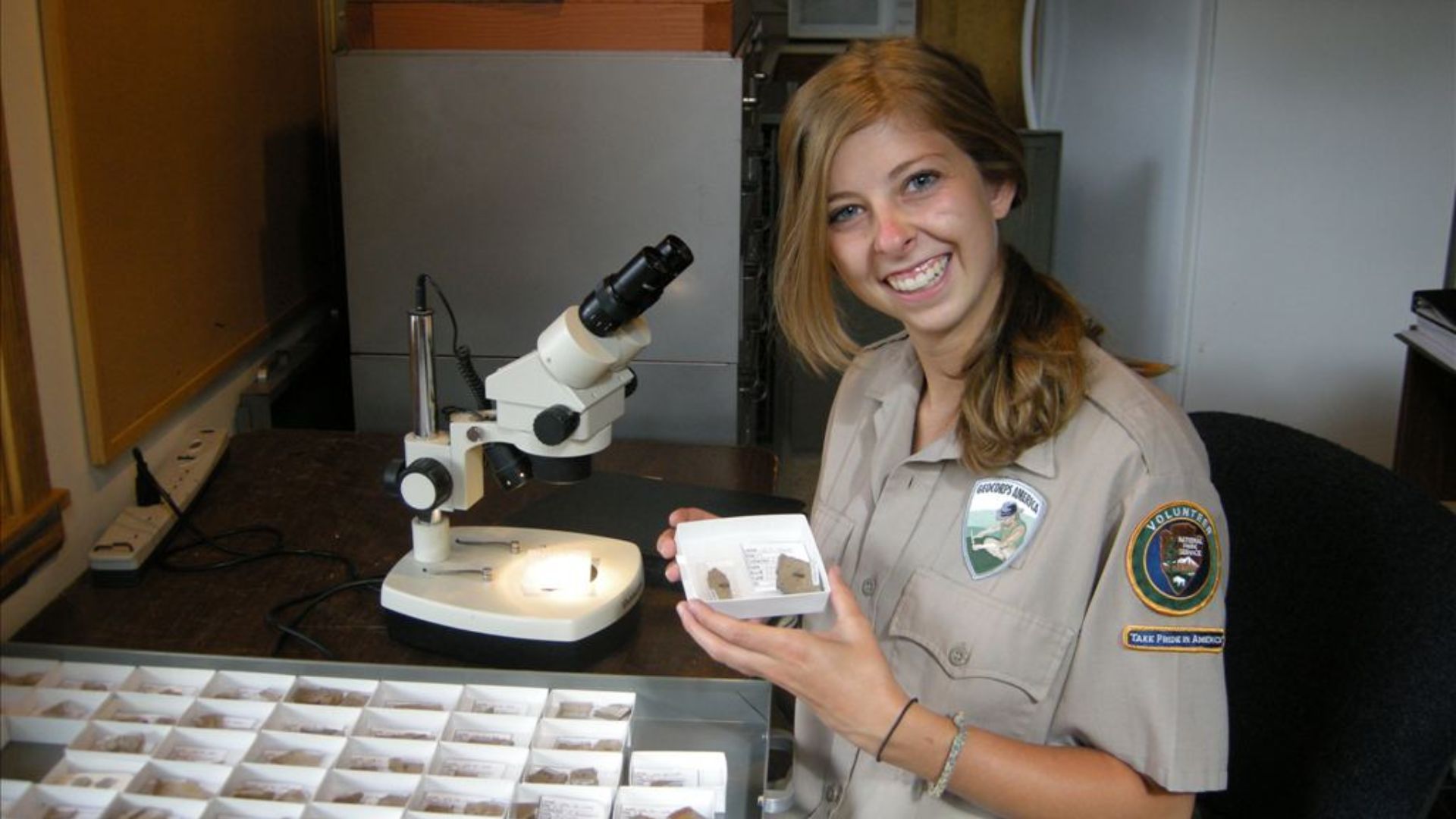 Working on organizing the fossil collection at Florissant Fossil Beds National Monument, Colorado, is Alison Dernbach (GIP). (NPS Photo by Alison Dernbach, GIP)