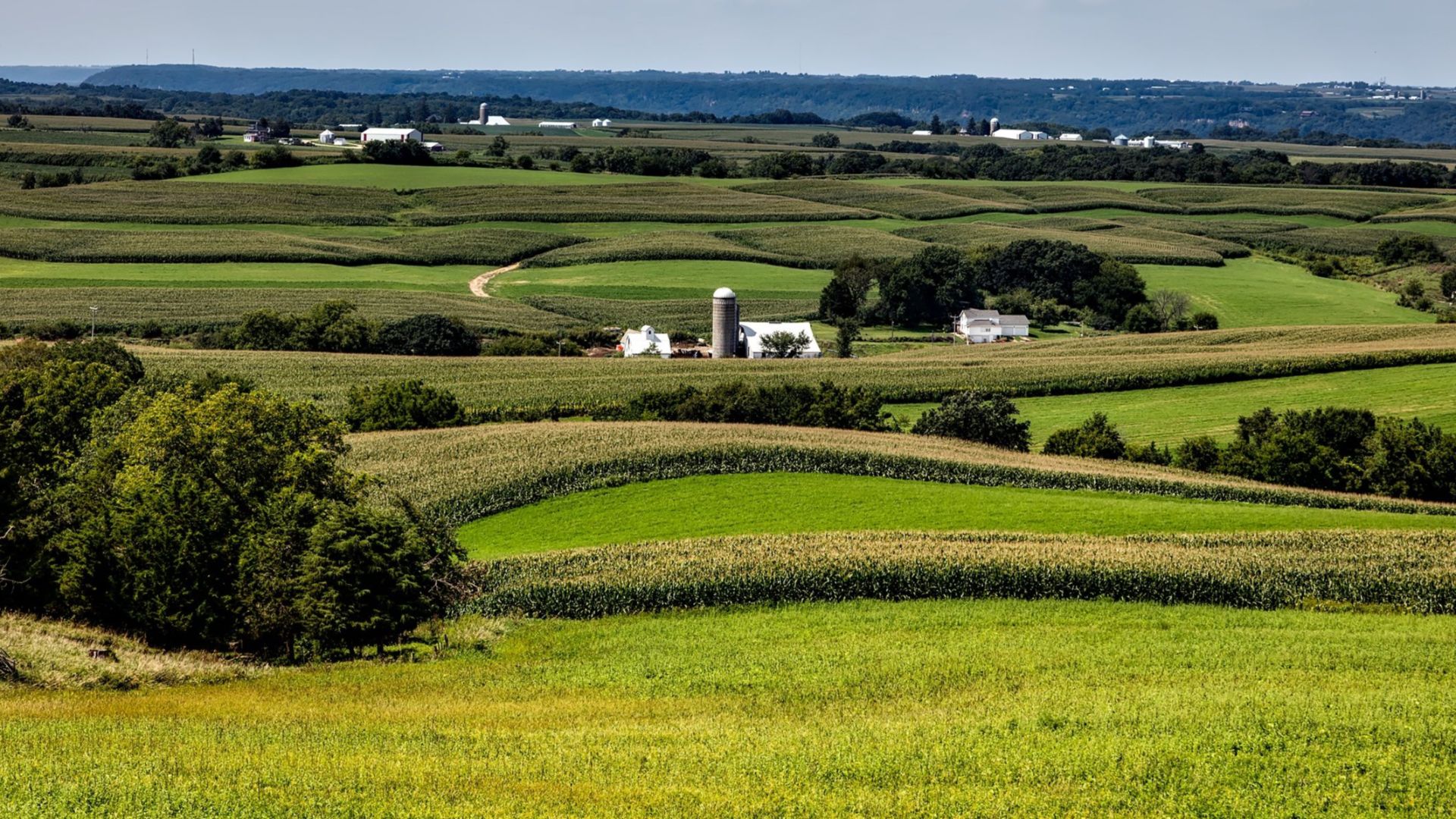 A picturesque view of rolling farmland and fields in Sherrill, Iowa under a clear sky.