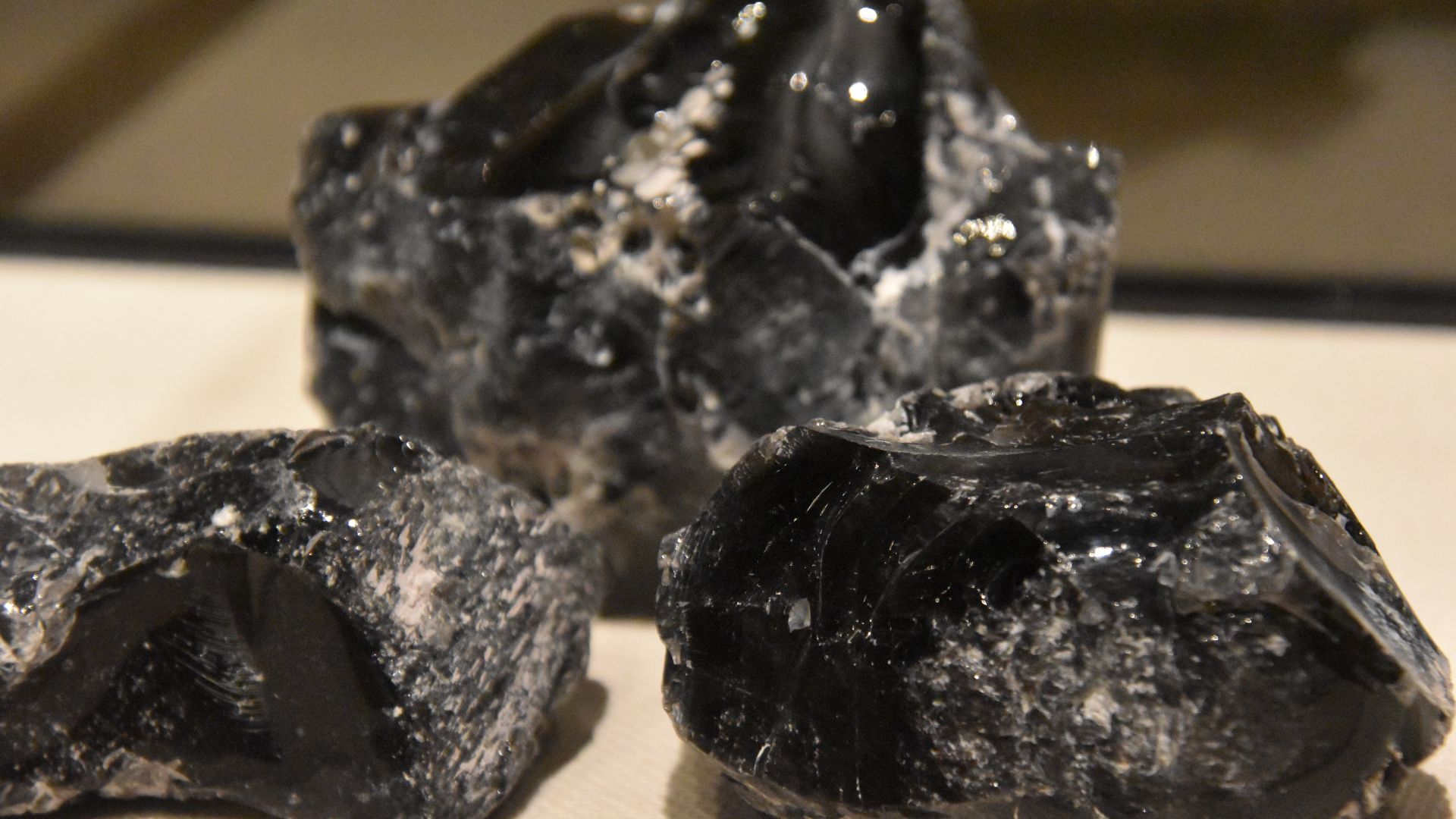 Pieces of obsidian, Jōmon period, excavated at the Hoshikuso Pass site in Nagano Prefecture. In the collection of the Obsidian Experience Museum, exhibited at the National Museum of Japanese History.