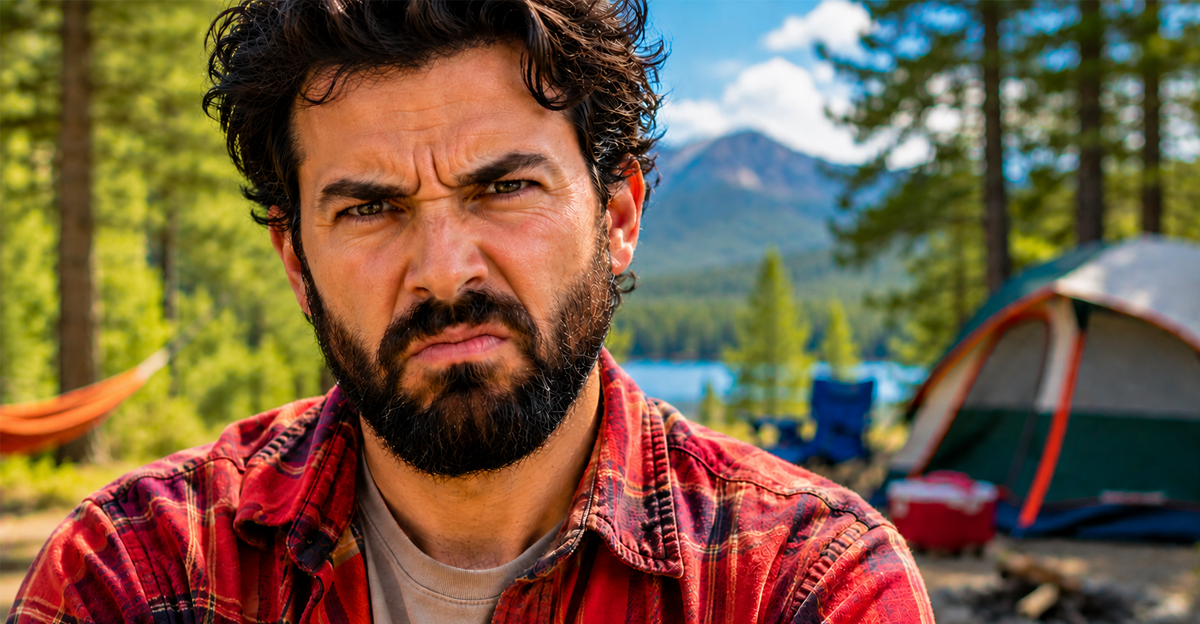 AI-generated image of frustrated man with a beard at campsite