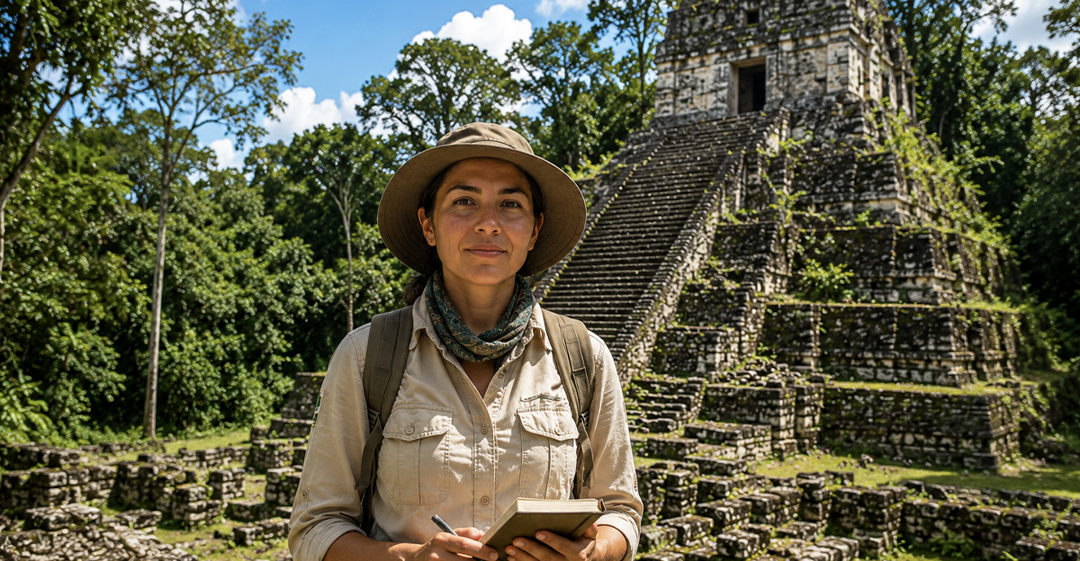 AI-generated image of an archaeologist standing in front of Mayan ruins.