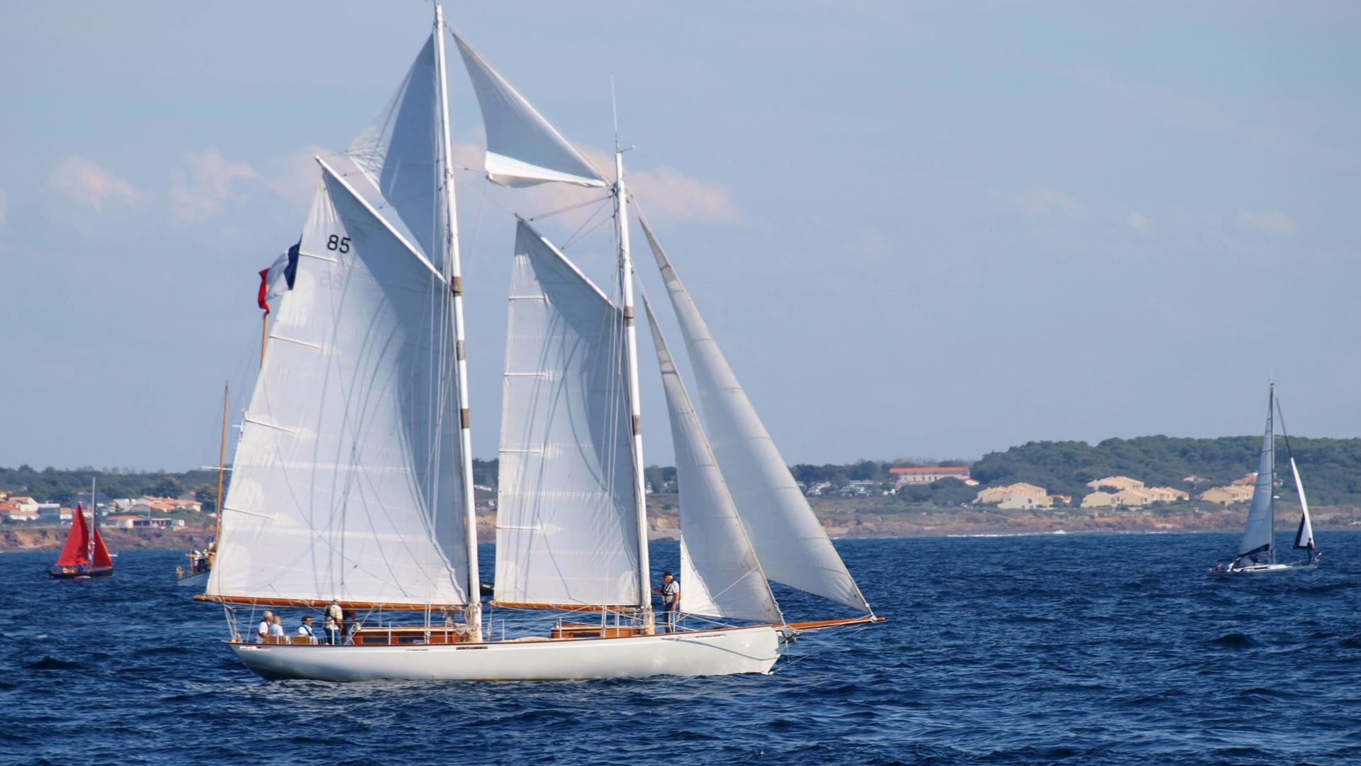 Schooner 'Diva'.  Custom built in 2014. Length: 14.2 m. Spotted here off Les Sables d'Olonne, France, among the spectator boats watching the start of the solo, round-the-world, non-stop, Golden Globe Race in Sept 2022.