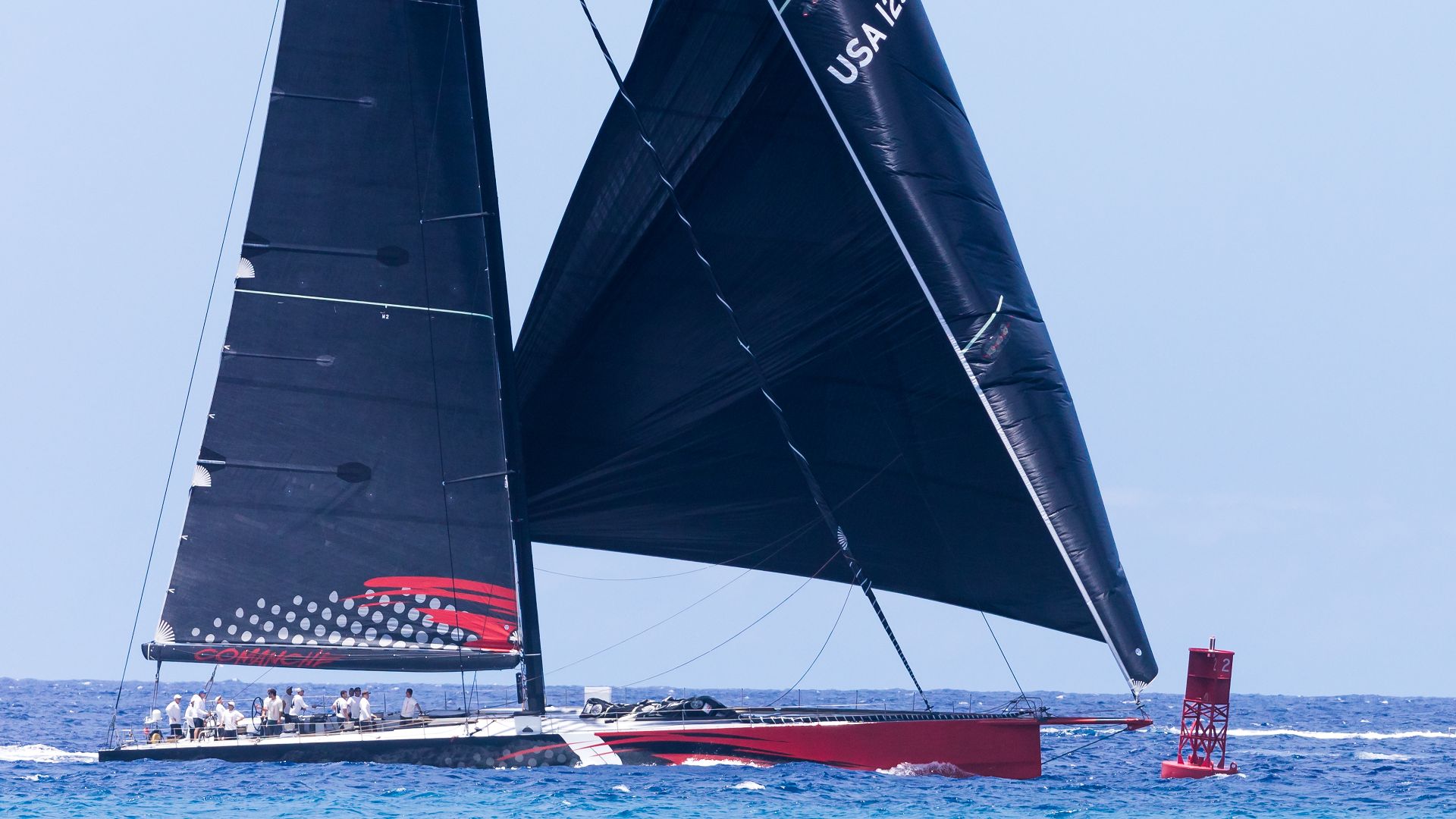 Comanche finishing the 2017 TRANSPAC setting a new record for monohulls