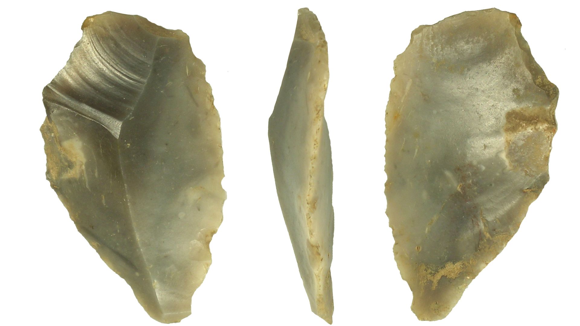 A re-touched flint flake of probable Neolithic date.
The tool has been made from a roughly drop-shaped flake. The dorsal surface has a central vertical arrise which splits into a V-shape towards the proximal end. Most of the re-touching has taken place on