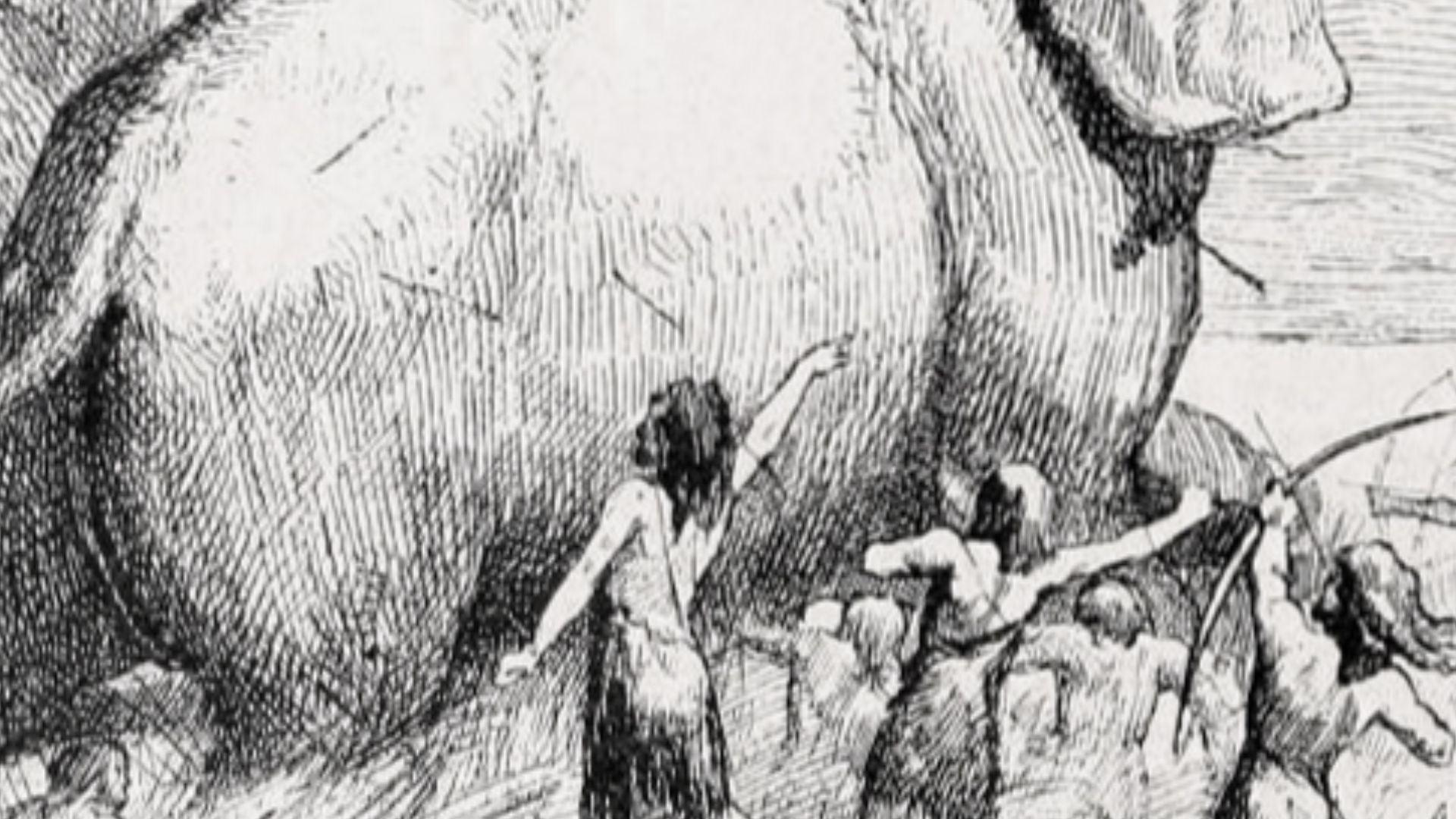 Fanciful restoration of a Columbian mammoth hunted by Palaeoamericans.