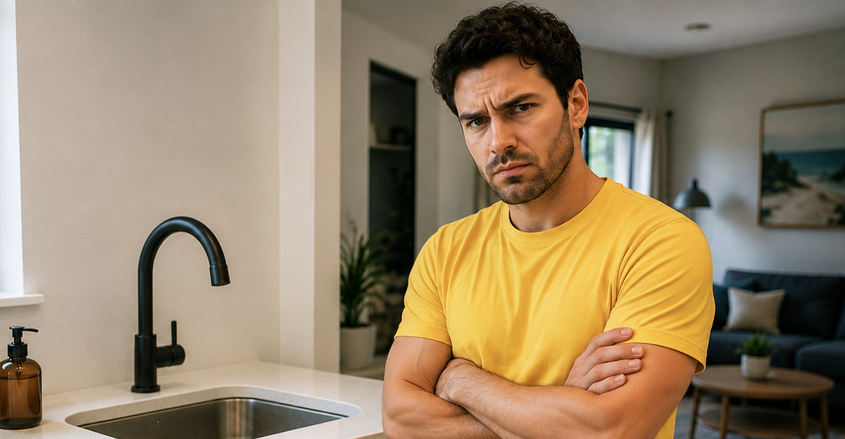 AI-generated image of man angry about being charged for repairs to his Airbnb.