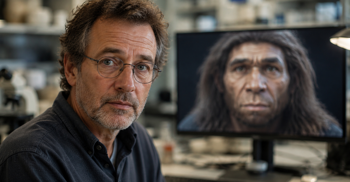 Scientist, computer screen with Neanderthal face background