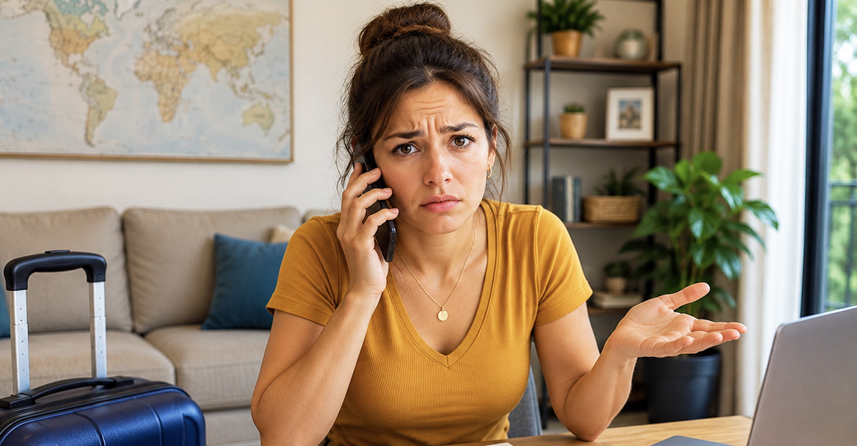 AI-generated image of a woman worried about being scammed by a fake travel agent.