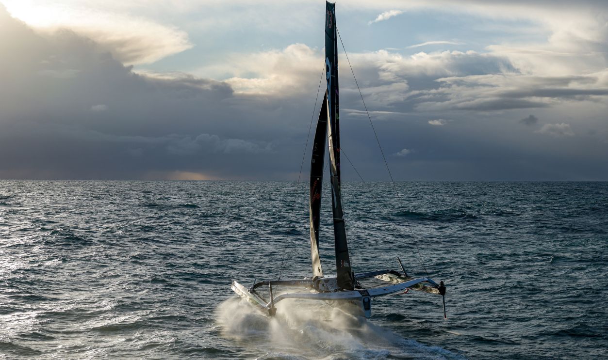 Thomas Coville and his crew, Benjamin Schwartz, Léonard Legrand, Frederic Denis, Pierre Leboucher, Guillaume Pirouelle, Nicolas Troussel, aboard the Maxi Trimaran Sodebo Ultim 3 off Ouessant, win the Jules Verne Trophy, a non-stop crewed round-the-world race, in Brest on January 25, 2026.