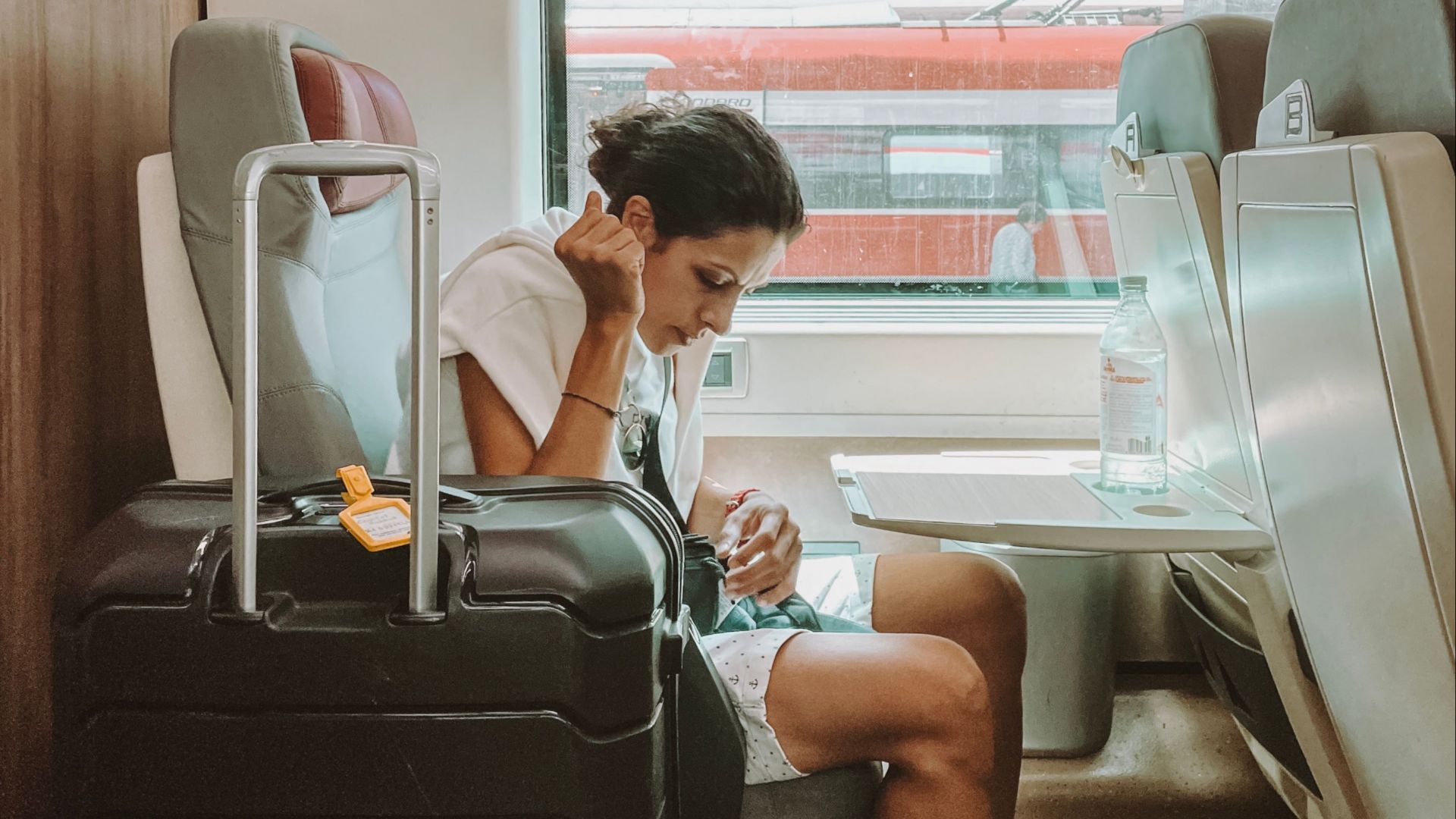 A woman sits inside a modern train in Lazio, Italy, with luggage and a scenic view outside.