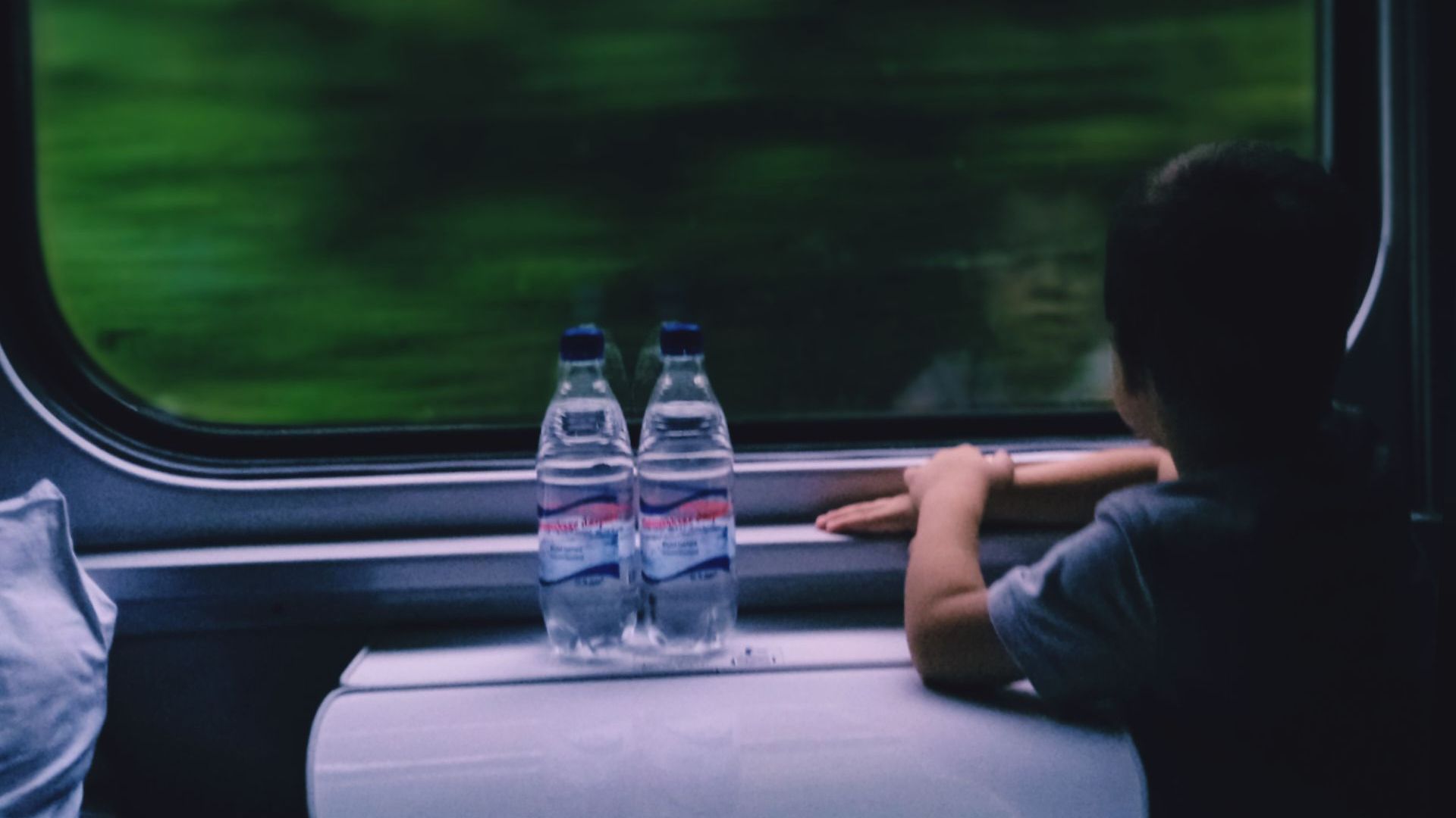 Child gazes out a moving train, observing the blurred landscape, capturing the essence of travel.