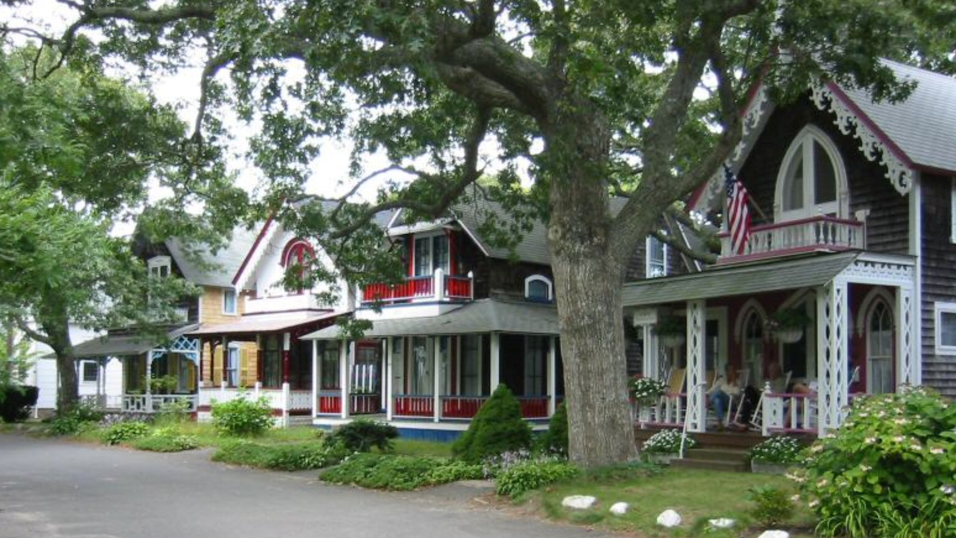 View of the Carpenter Gothic style gingerbread cottages in Oak Bluffs.