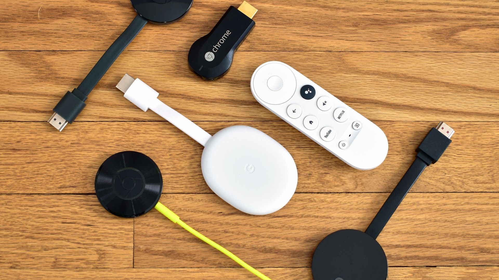 A collection of Chromecast media streaming devices by Google
Black devices, clockwise from top left: 2nd-generation Chromecast, 1st-generation Chromecast, Chromecast Ultra, and Chromecast Audio
White device, in center: Chromecast with Google TV and its re
