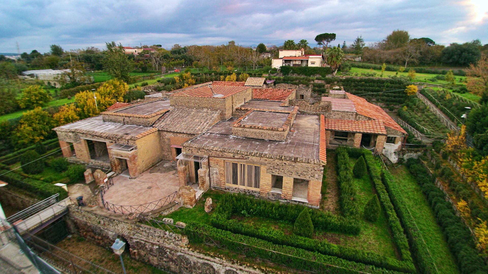 Villa of the Mysteries in Pompeii seen from the above with a drone