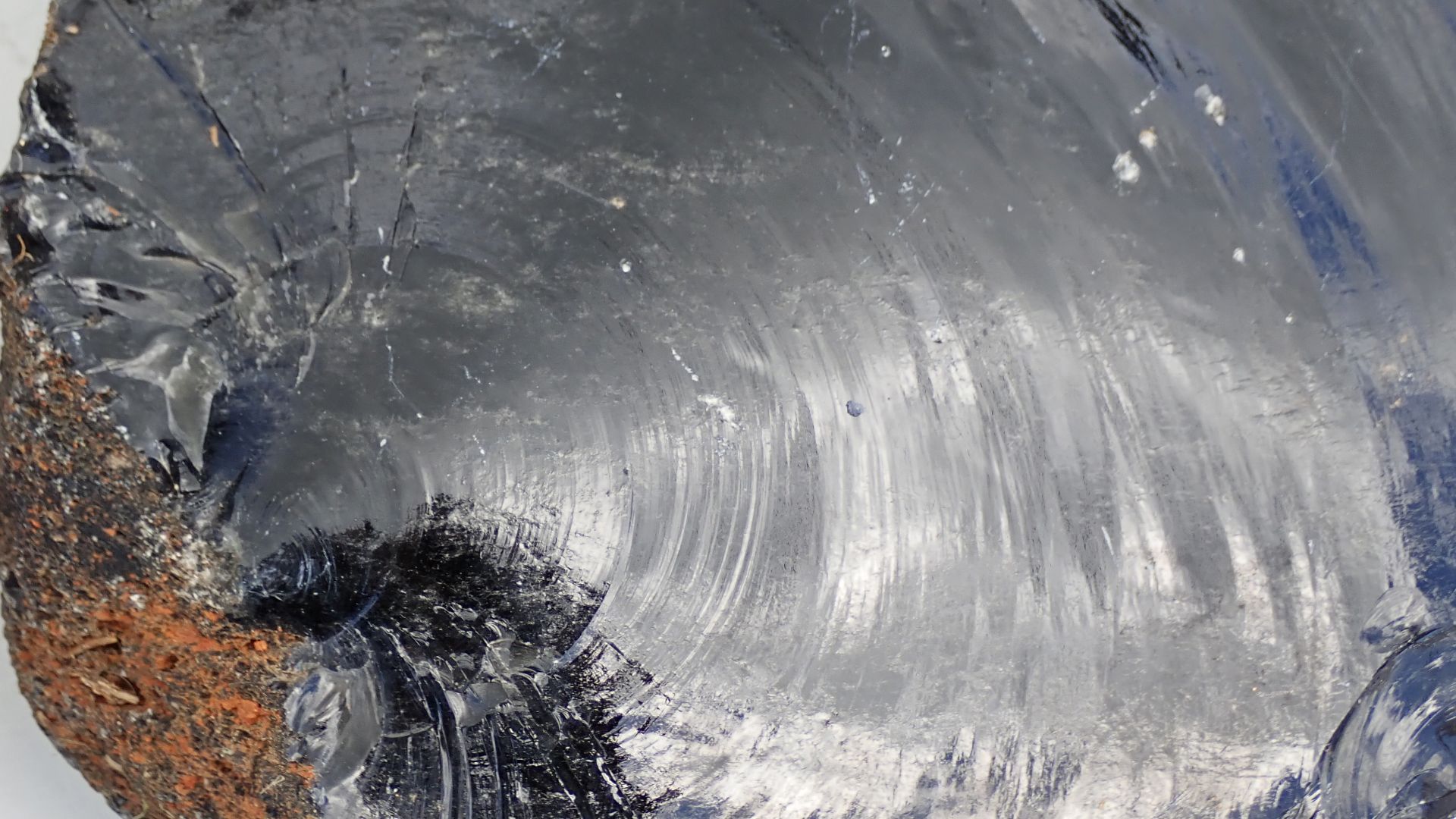 (crack surface)

Obsidian is a glassy-textured, extrusive igneous rock.  Obsidian is natural glass - it lacks crystals, and therefore lacks minerals.  Obsidian is typically black in color, but most obsidians have a felsic to intermediate chemistry.  Felsi
