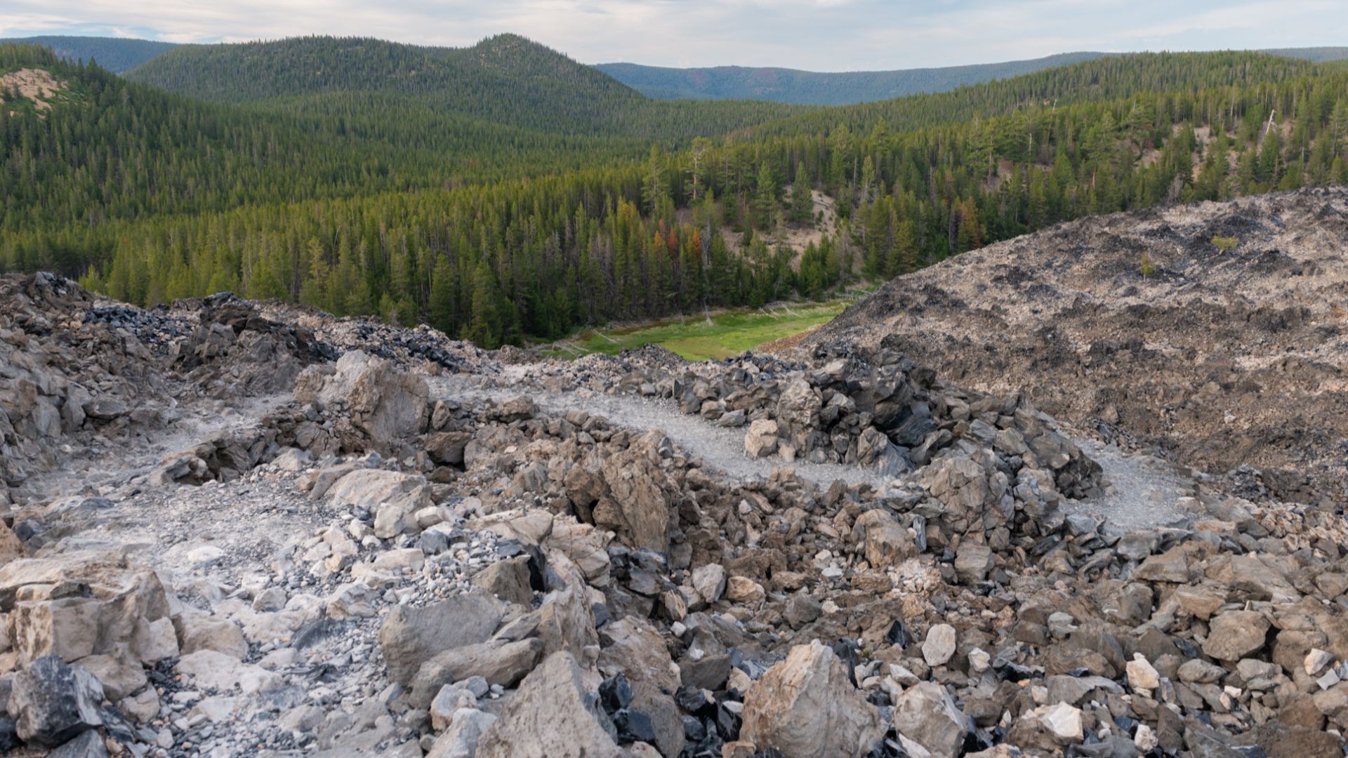 The Big Obsidian lava flow from a trail that winds through the lava in the Newberry National Volcanic Monument.