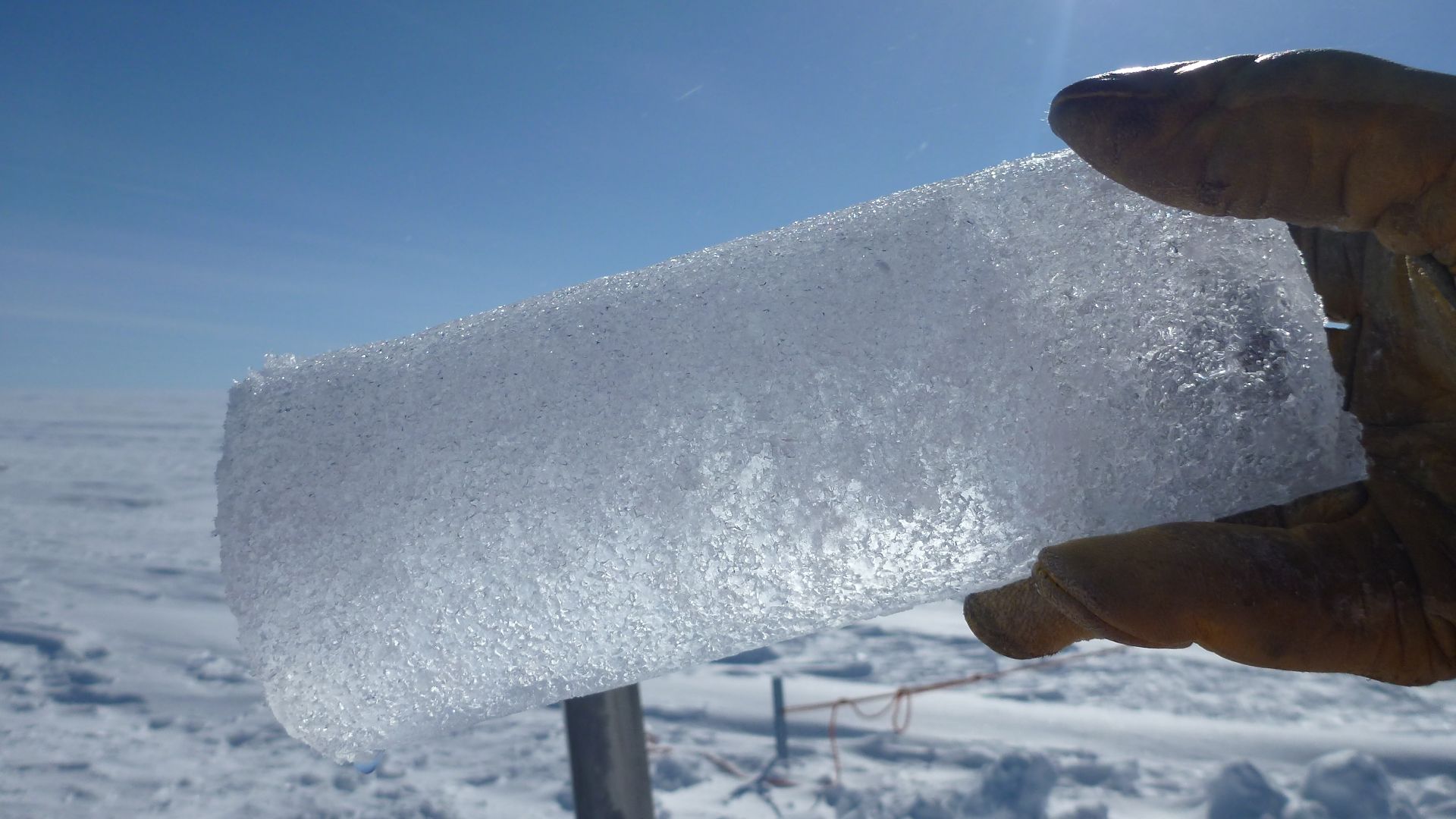 An ice core segment extracted from the aquifer by Koenig's team, with trapped water collecting at the lower left of the core.