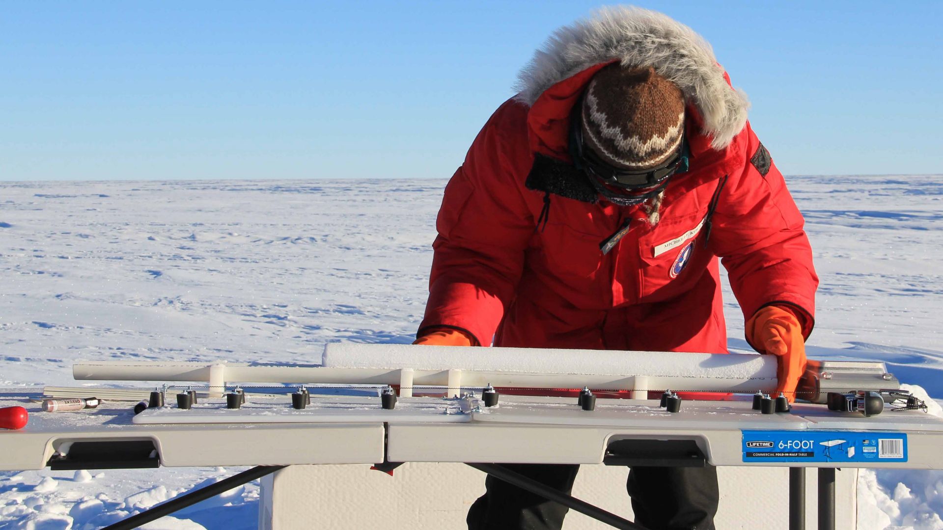 On Dec. 8, 2010, Michelle Koutnik, of the University of Copenhagen's Center for Ice and Climate, prepared a core of Antarctic ice to be wrapped and put into core tubes for transport back to labs at Brigham Young University in Utah. But first, Koutnik meas