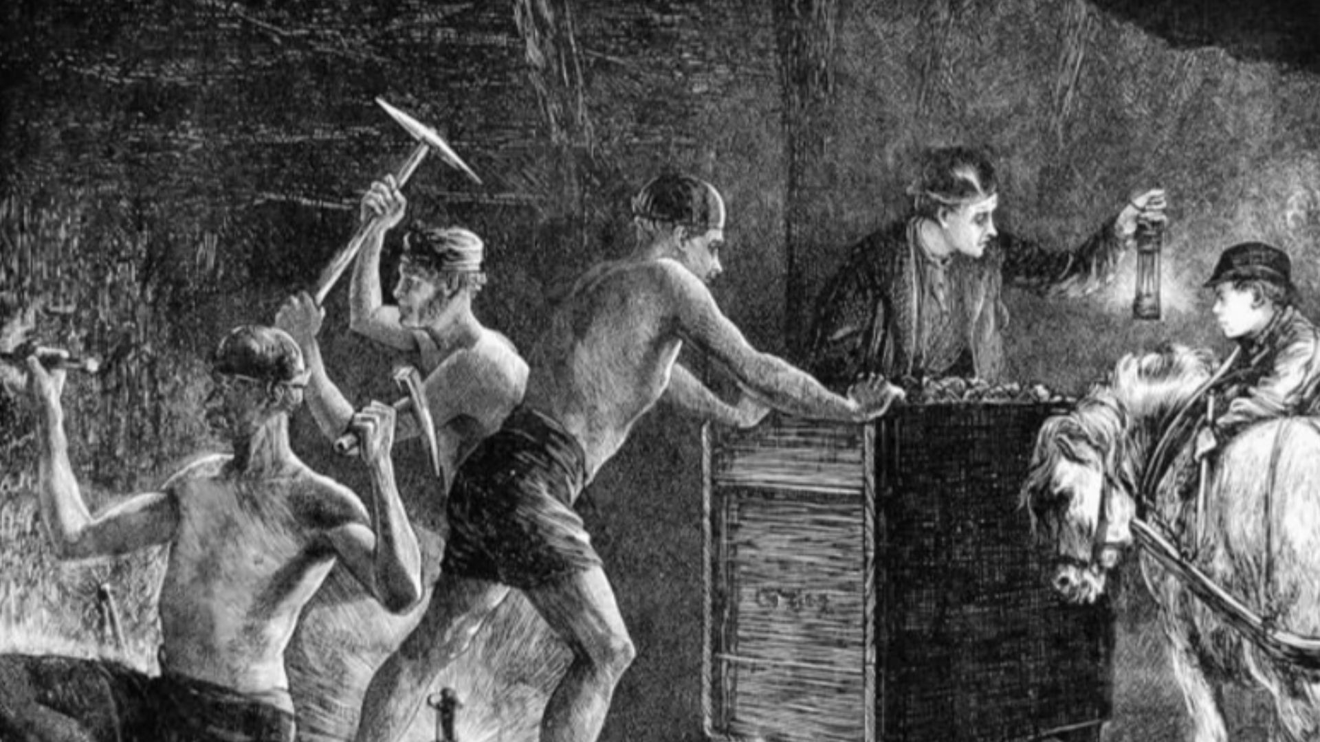 Pitmen Hewing the Coal. Illustration initialled M.W.R. From The Graphic, 28 January 1871.