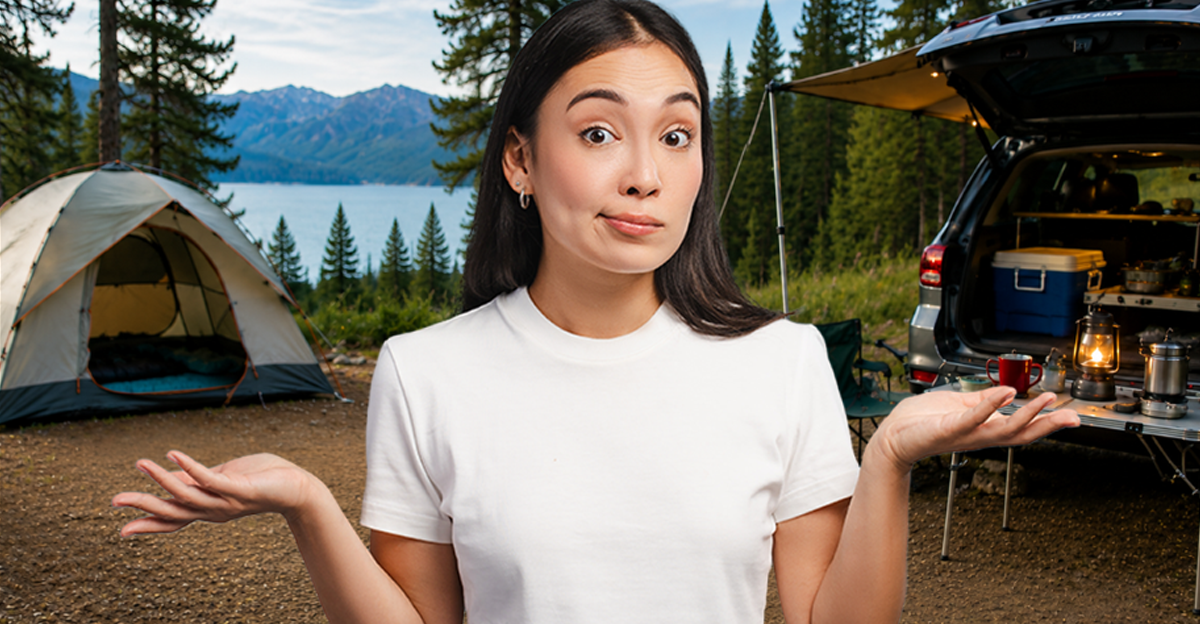 Composite of Asian woman shrugging with raised arms and AI-generated background